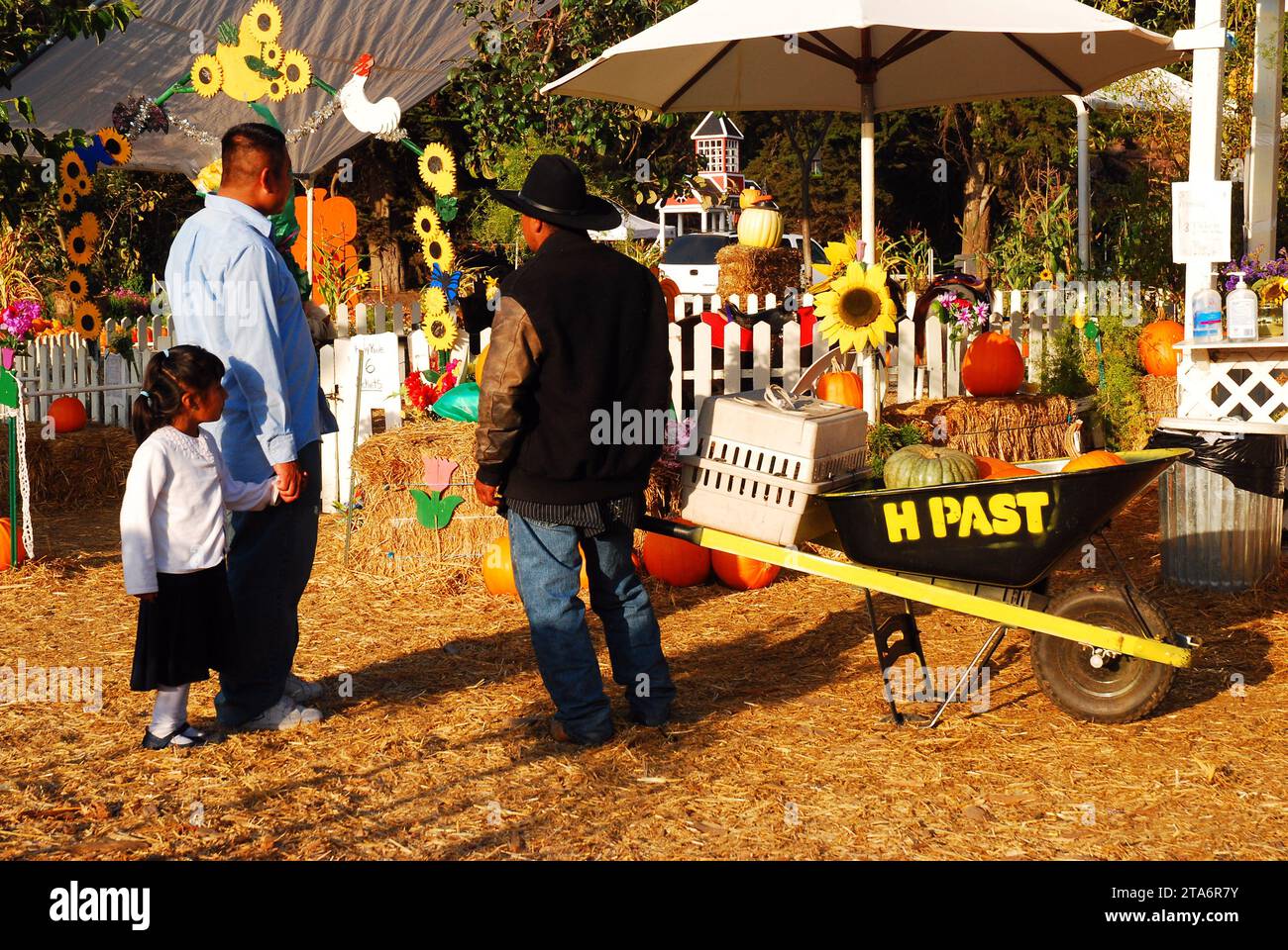 A family enjoys an autumn day pumpkin picking for Halloween at a farm