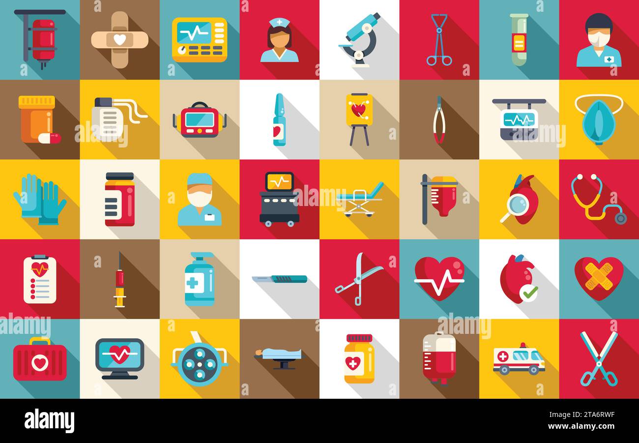 Cardiac surgeon icons set flat vector. Valve aortic stenosis. Mitral ...