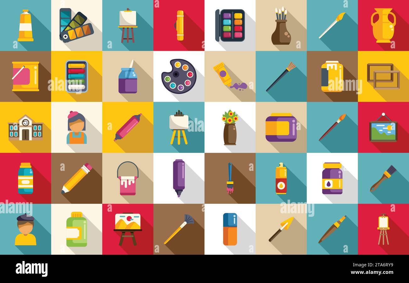 Painting studio icons set flat vector. Painter cloth artwork. Person ...