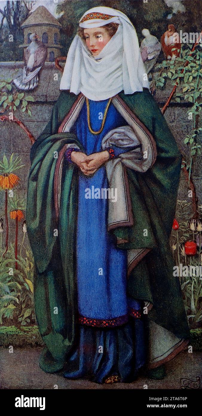 Enid, a lady in Arthurian England. Colour illustration, c1911, by the artist Eleanor Fortescue Brickdale (1872-1945), set in King Arthur’s England. Eleanor was an artist who painted many illustrations for books often featuring bold colours. She studied under Herbert Bone at the Crystal Palace School of Art and later at the Royal Academy School and later taught art at the Byam Shaw School of Art. Stock Photo