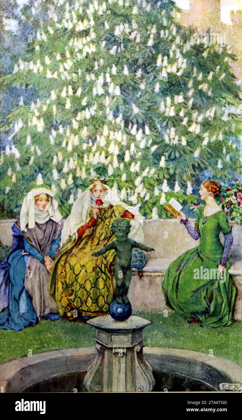 Guinevere: The Queen, seated in a garden with two servants. Colour illustration, c1911, by the artist Eleanor Fortescue Brickdale (1872-1945), set in King Arthur’s England. Eleanor was an artist who painted many illustrations for books often featuring bold colours. She studied under Herbert Bone at the Crystal Palace School of Art and later at the Royal Academy School and later taught art at the Byam Shaw School of Art. Stock Photo