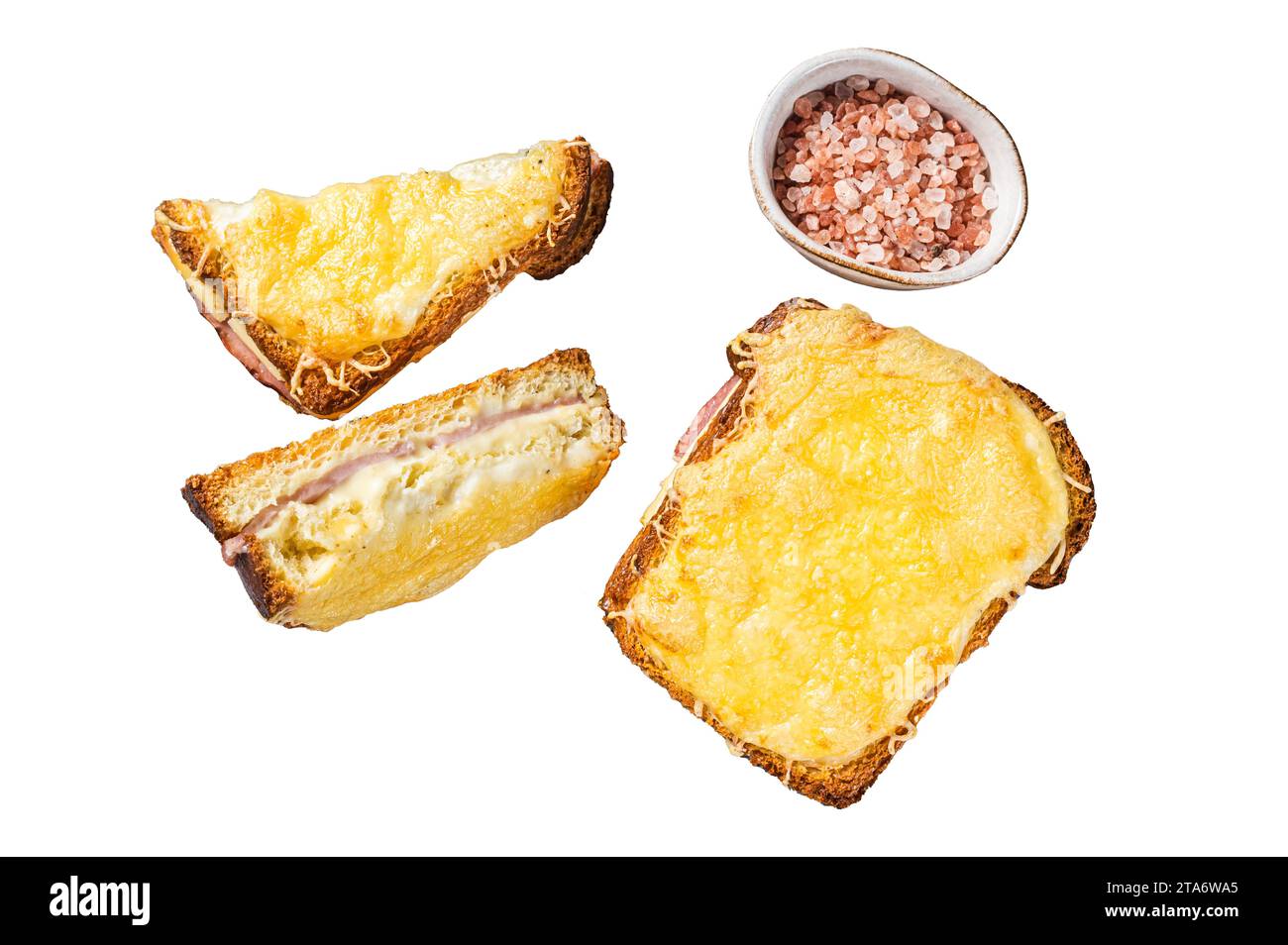 French Croque Monsieur sandwich with Cheese, Ham, Gruyere and Bechamel Sauce. Isolated, white background Stock Photo