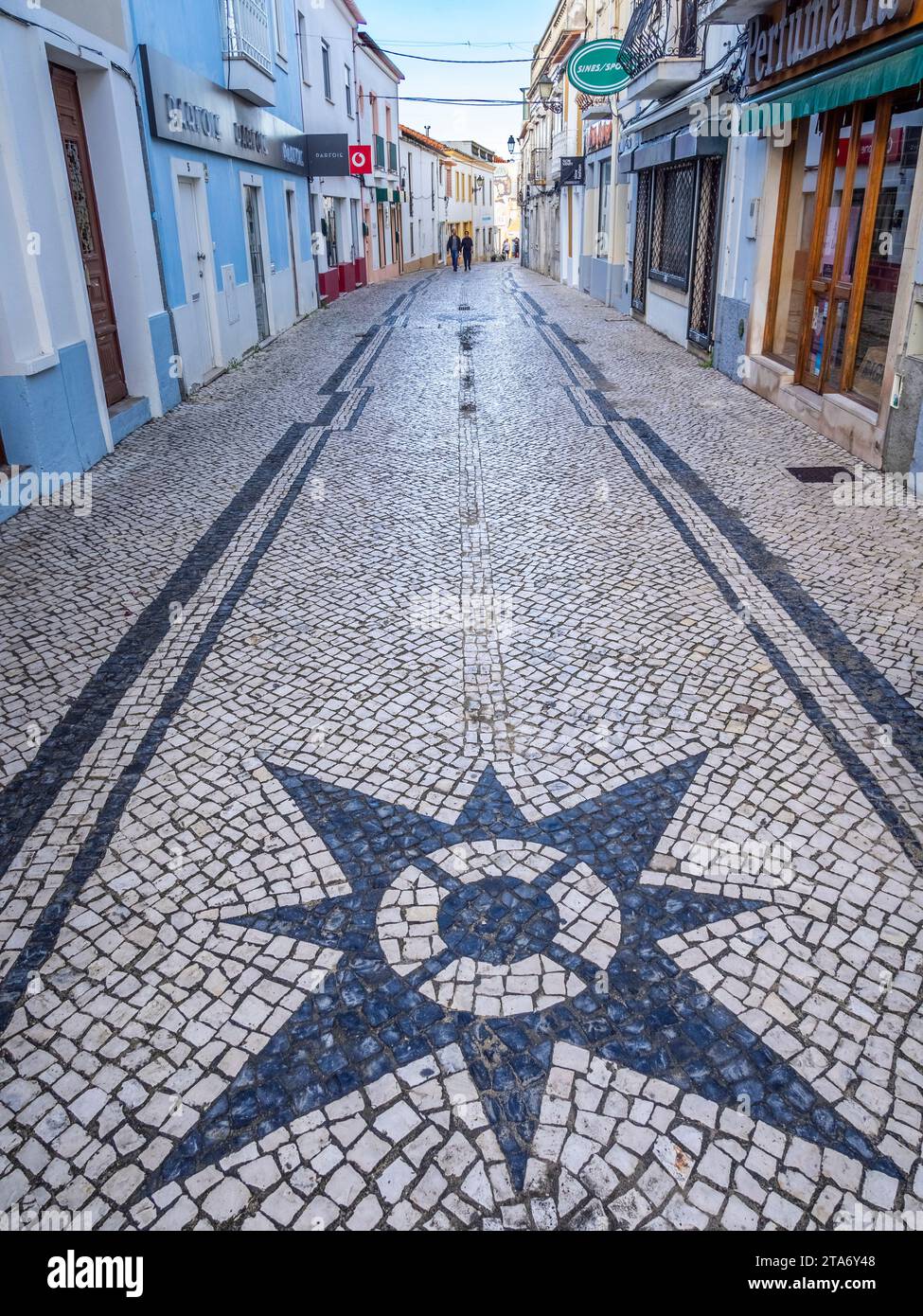 Portuguese tile street in the old section of the city of Sines in the Costa Azul region of Portugal Stock Photo