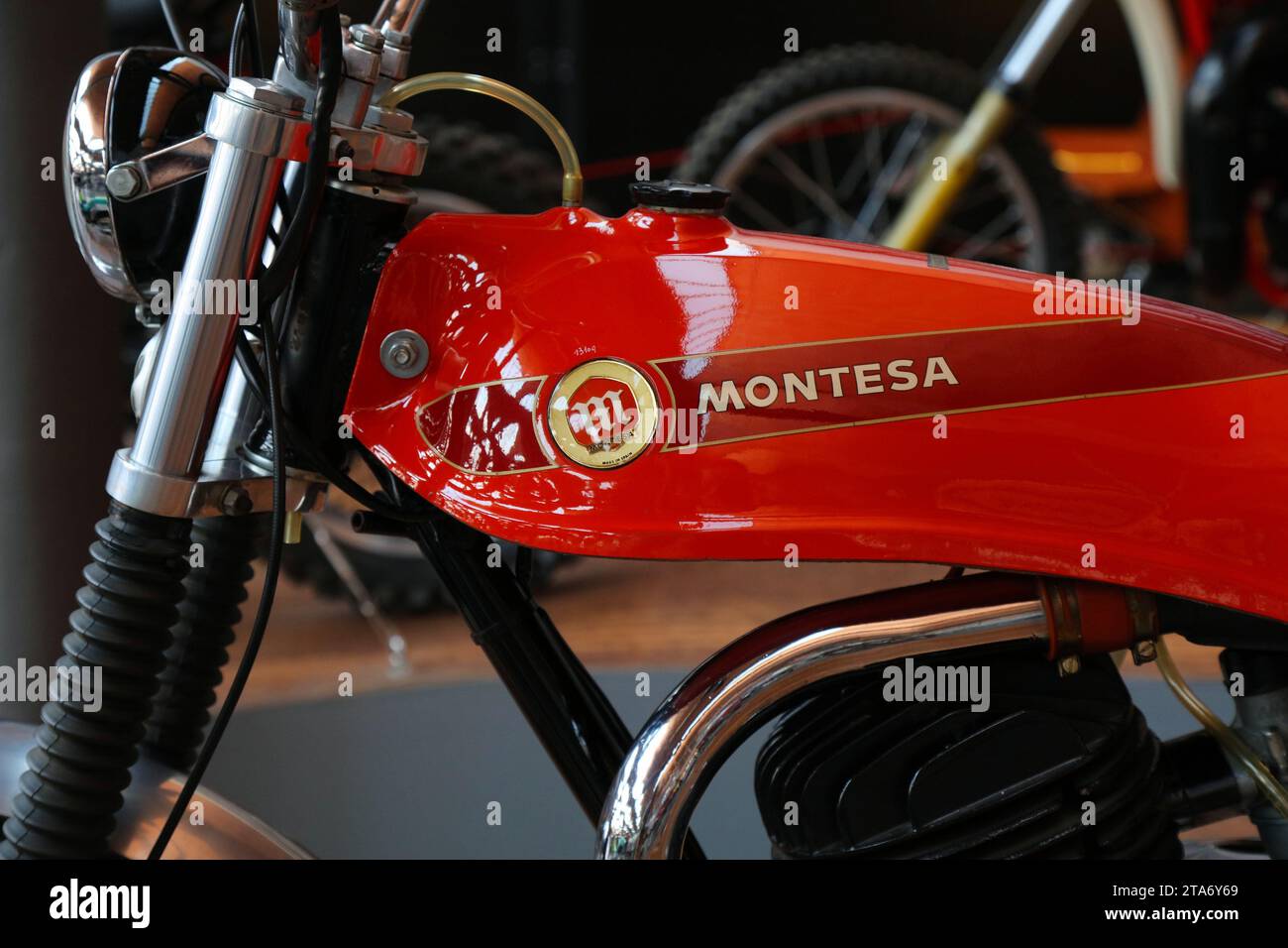 CATALONIA, SPAIN - OCTOBER 6, 2021: Close-up of Montesa historic collectible motorcycle made in Barcelona, Spain. Stock Photo