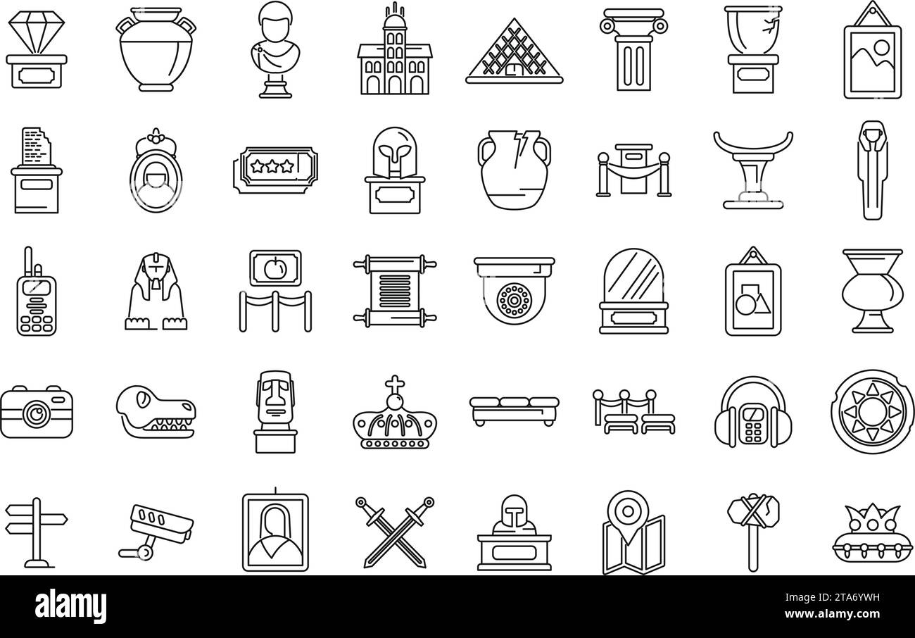 Louvre icons set outline vector. Picture adult ancient. Museum tourism Stock Vector