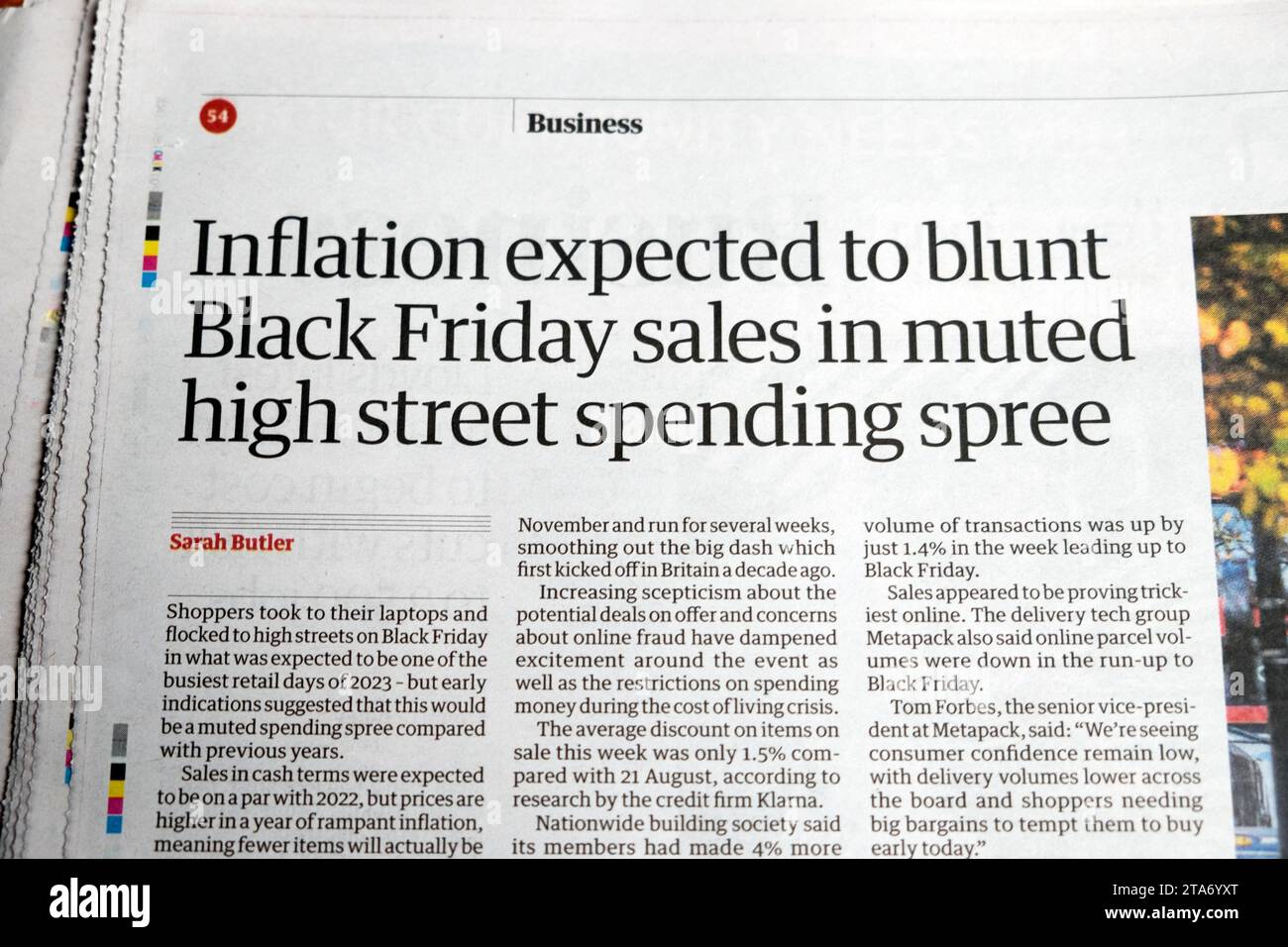 'Inflation expected to blunt Black Friday sales in muted high street spending spree' Guardian newspaper headline retail article November 2023 UK Stock Photo