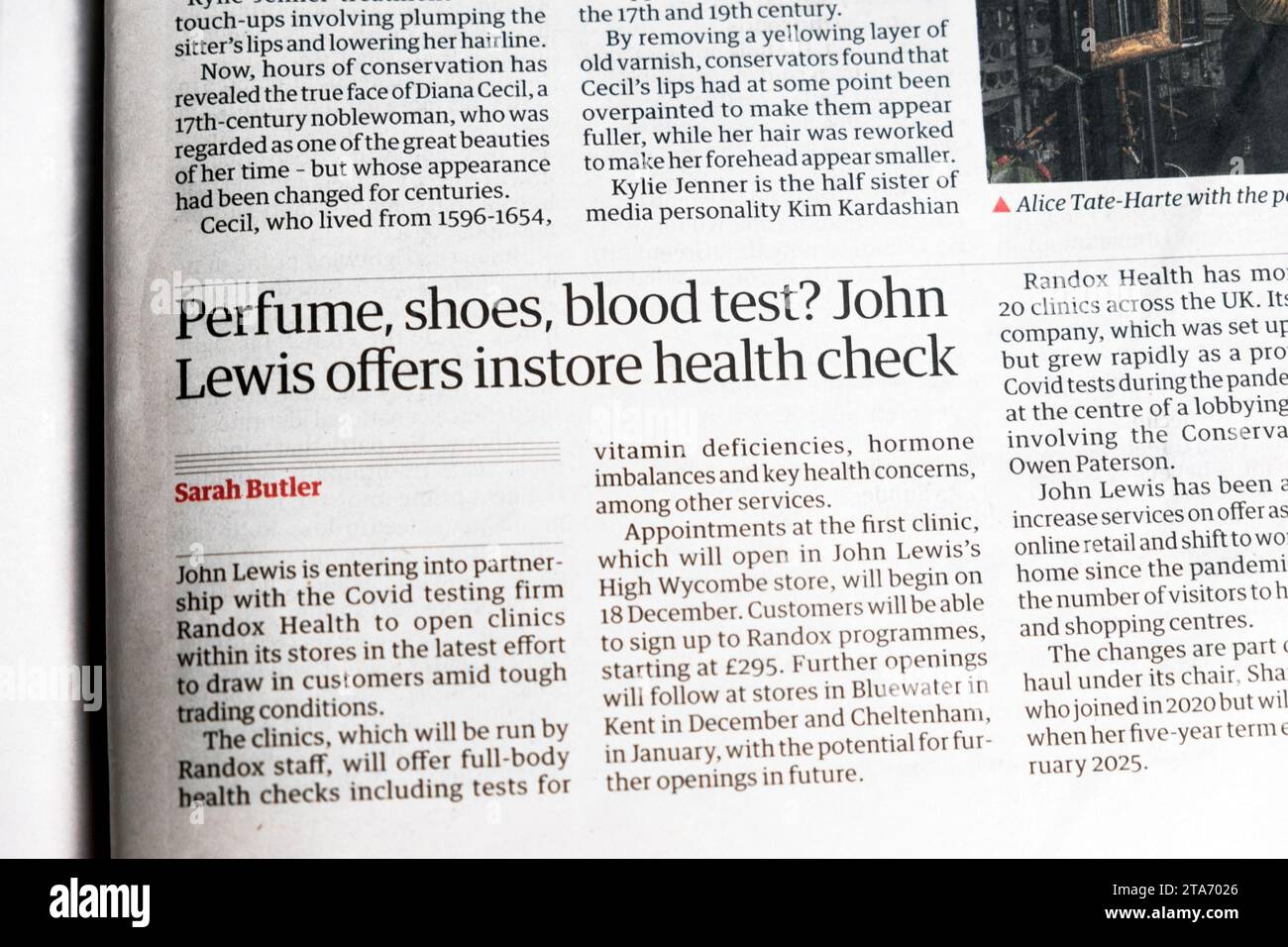 'Perfume, shoes, blood test? John Lewis offers instore health check' Guardian newspaper headline Randox article 25 November 2023 London England UK Stock Photo