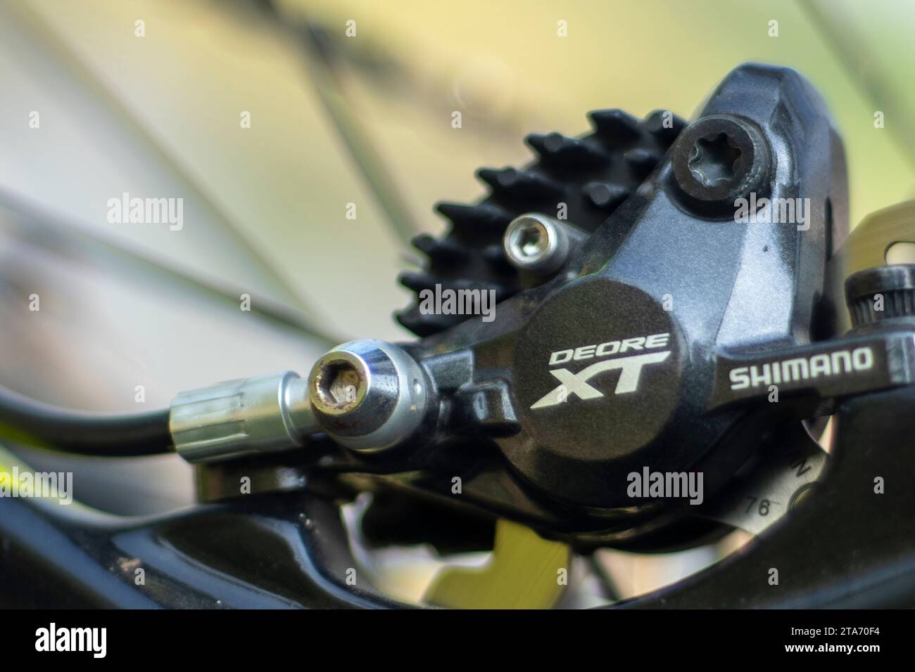 Shimano Mountain bike brake on blur background Stock Photo