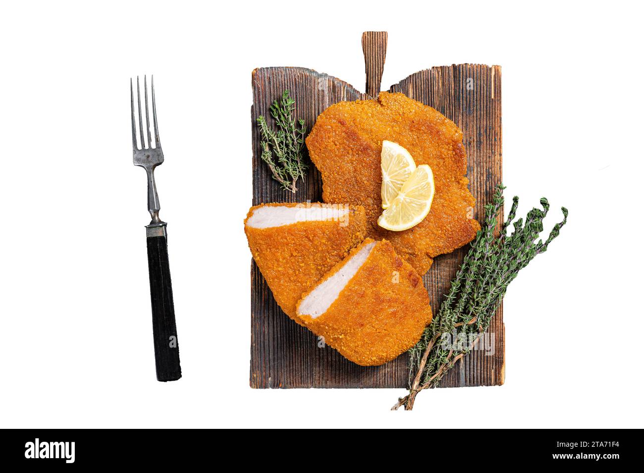 Viennese veal escalope, fried meat Schnitzel steak. Isolated, white