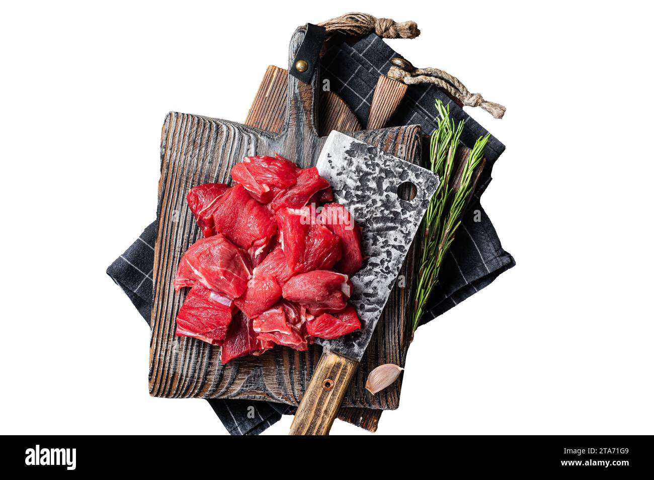 Raw Chopped beef veal meat on butcher board. Isolated, white background Stock Photo