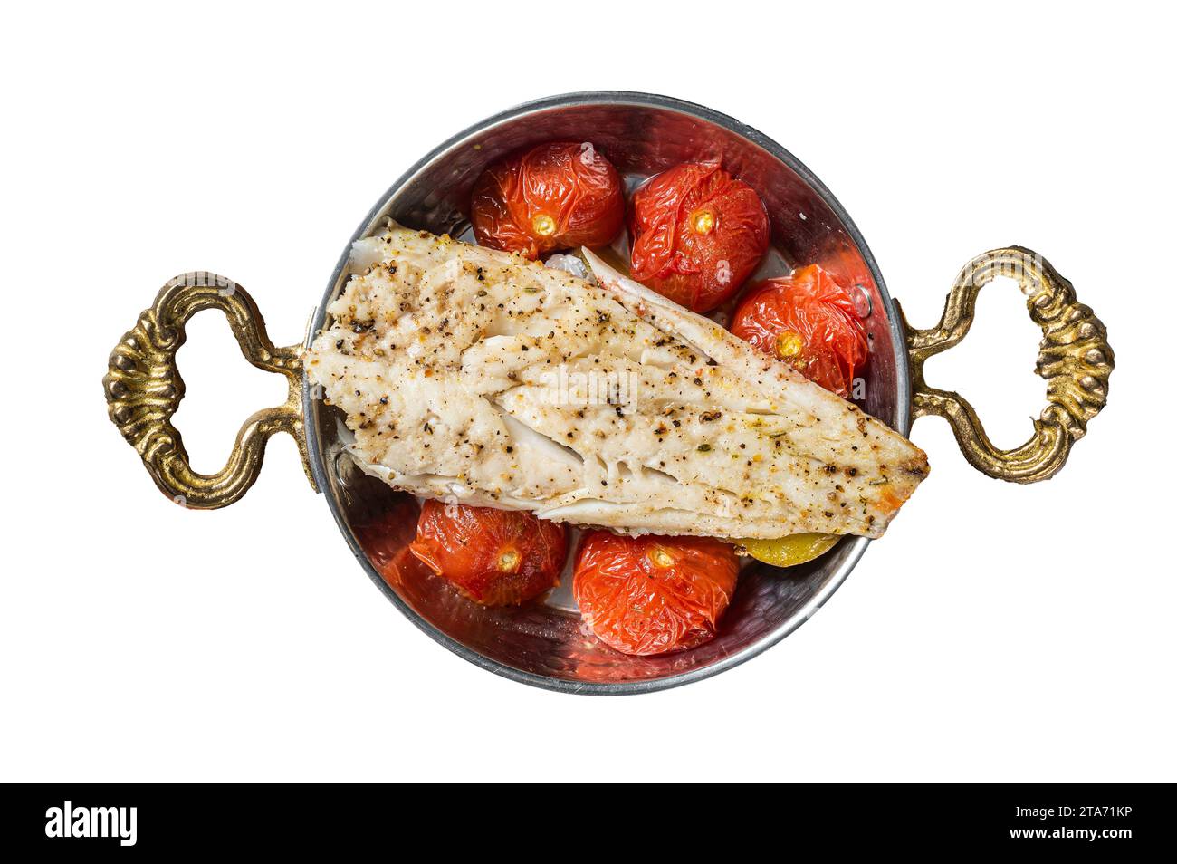Roasted Haddock fish fillet in skillet with tomato and potato. Isolated