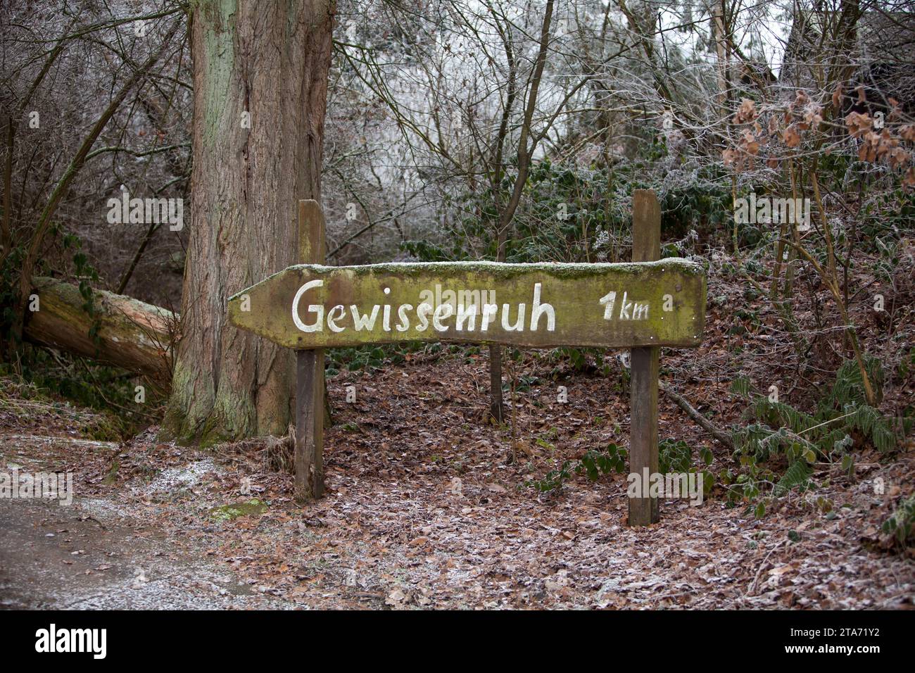 Information sign for the Waldensian village of Gewissenruh, Wesertal, Weserbergland, Hesse, Germany Stock Photo