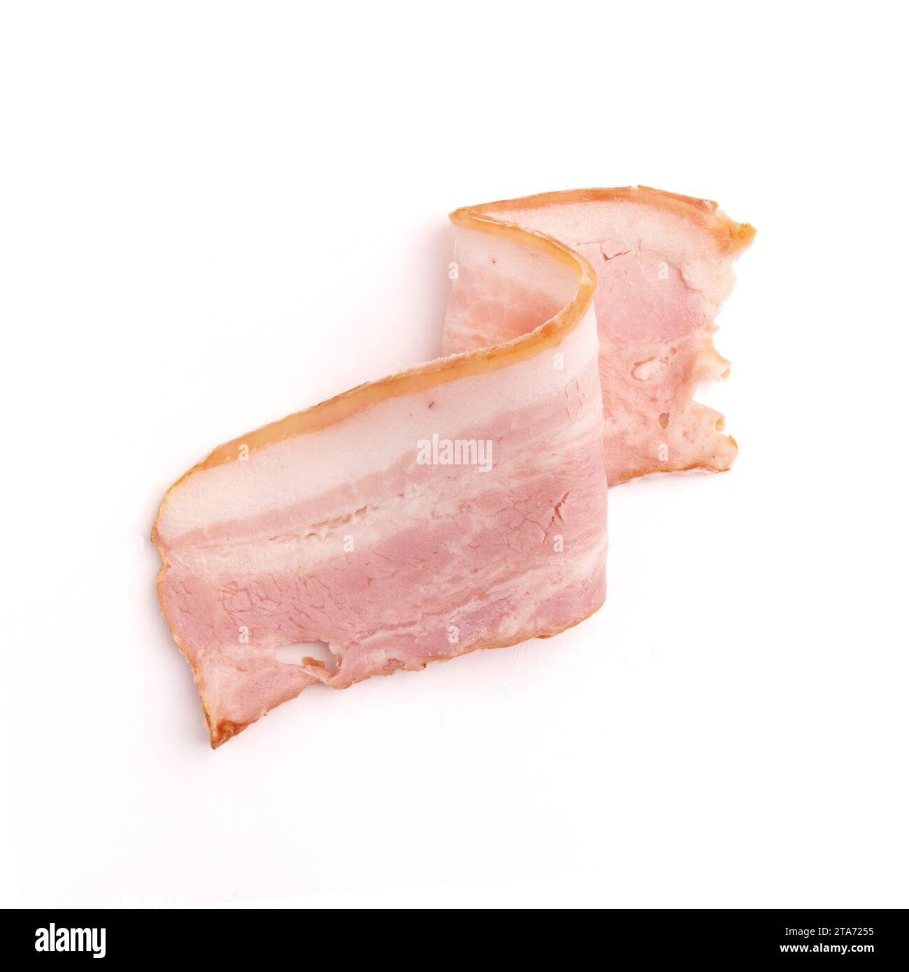 raw smoked bacon isolated, streaky brisket slice, fresh thin sliced bacon on white background Stock Photo