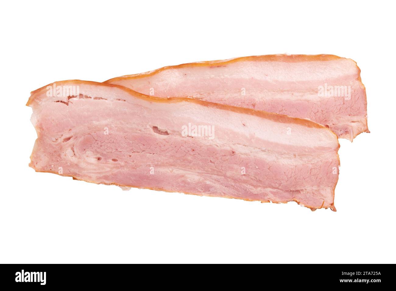 raw smoked bacon isolated, streaky brisket slices, fresh thin sliced bacon on white background Stock Photo