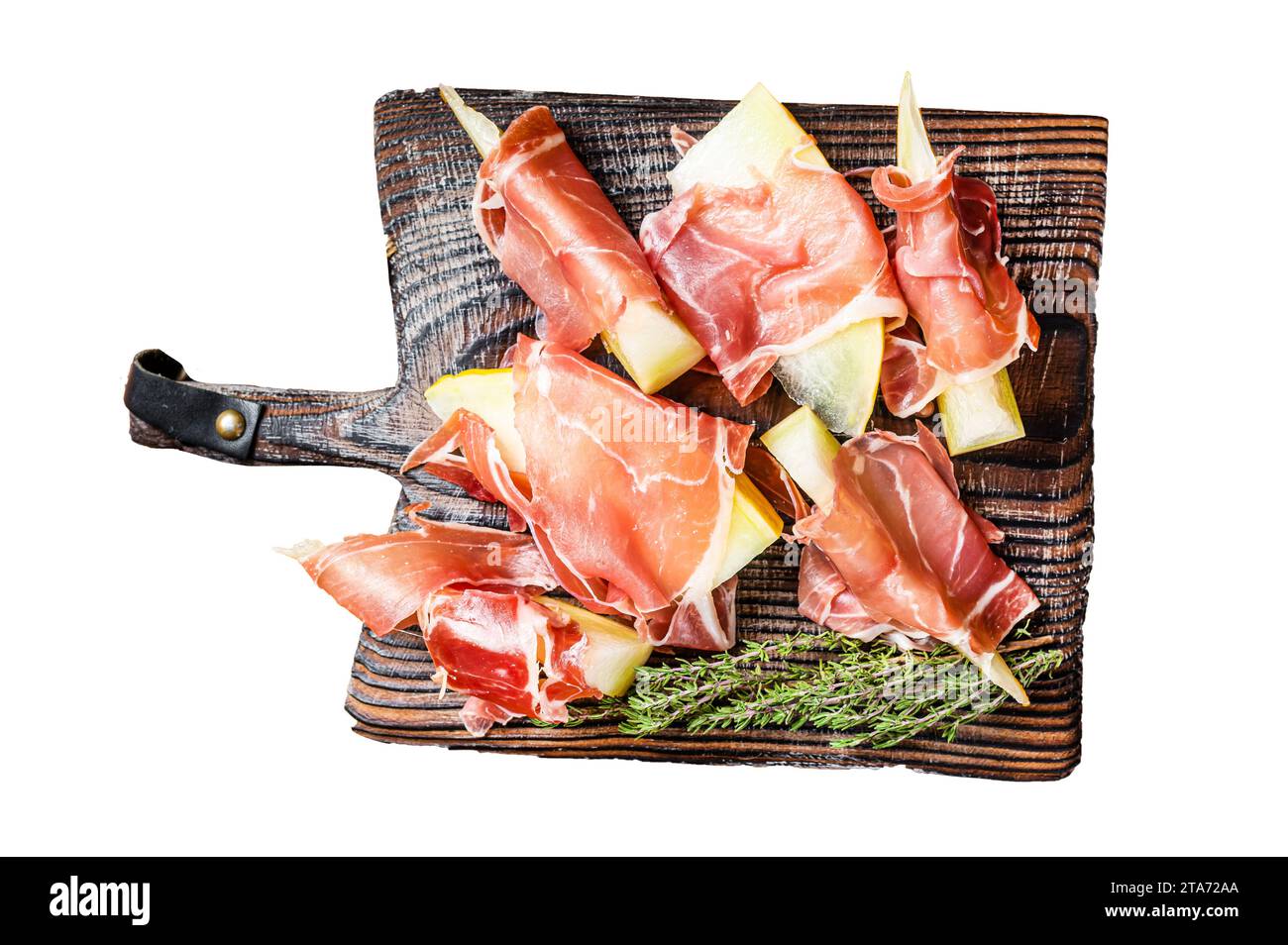 Prosciutto ham with slices of melon and fresh thyme. Isolated, white