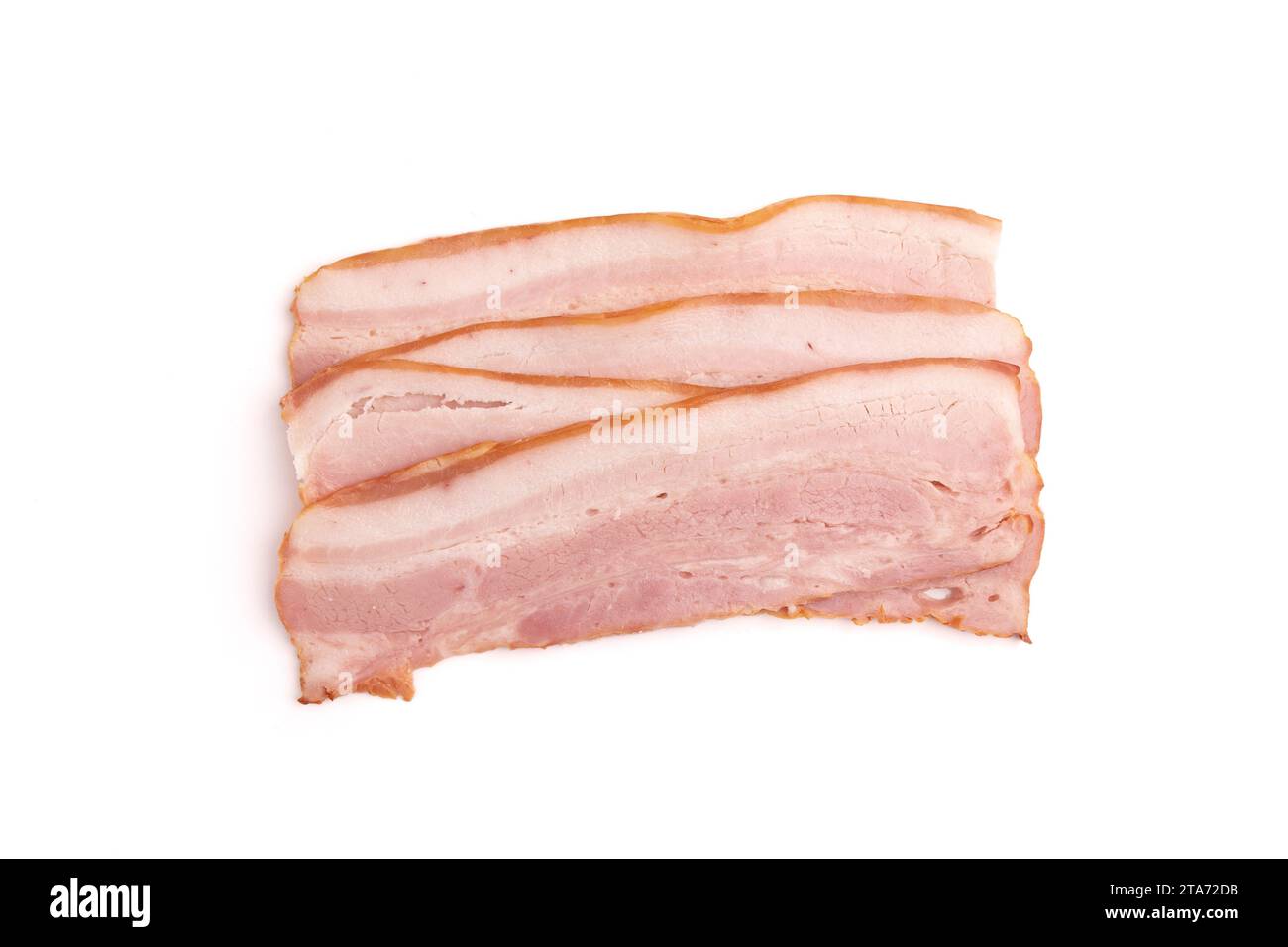 raw smoked bacon isolated, streaky brisket slices, fresh thin sliced bacon on white background Stock Photo