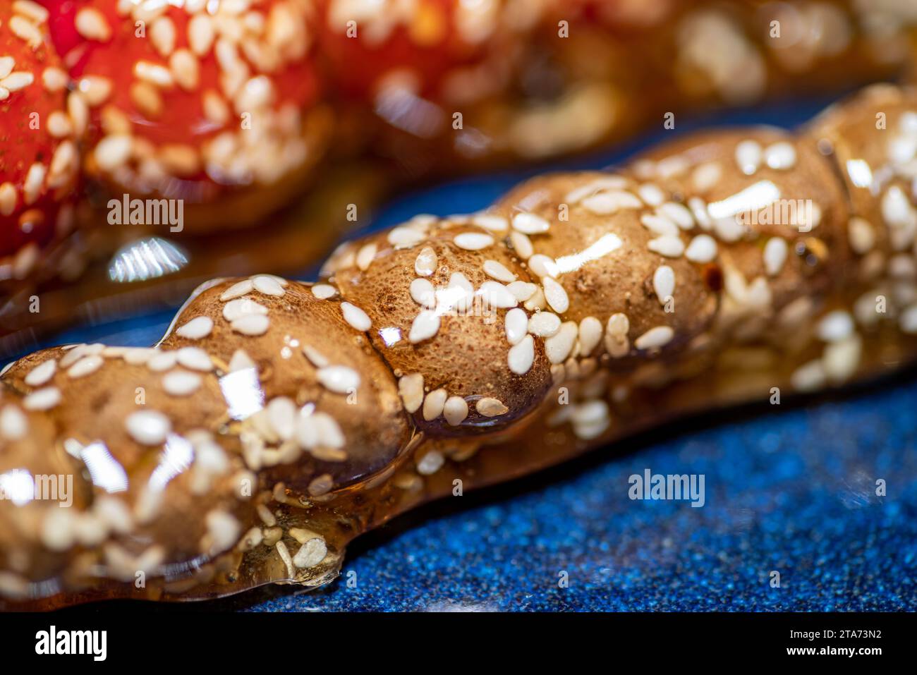 Sugar-coated haws on a stick,Chinese traditional food,Street Food Stock Photo