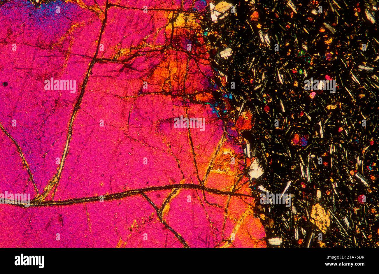 Basalt, thin section. Polarised light with optical microscope. Magnification X40. Stock Photo