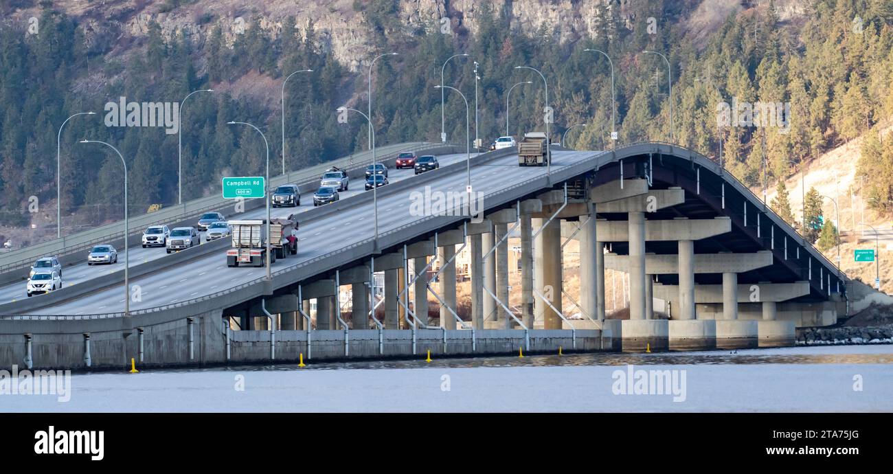 Traffic driving across Bridge over Okanagan Lake, Kelowna, British Columbia, Canada Stock Photo