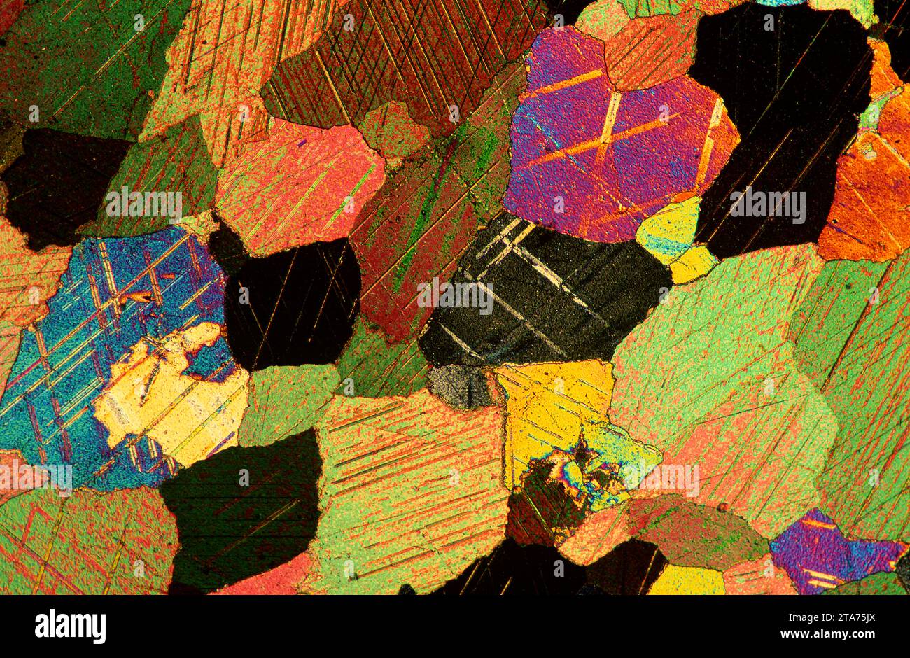 Marble, thin section. Marble is a metamorphic rock. Optical microscope, polarised light. Magnification X20. Stock Photo