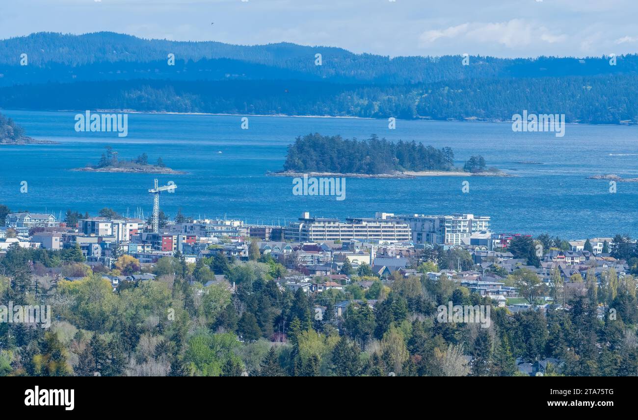 Aerial townscape and Salish Sea, Sidney, British Columbia, Canada Stock Photo