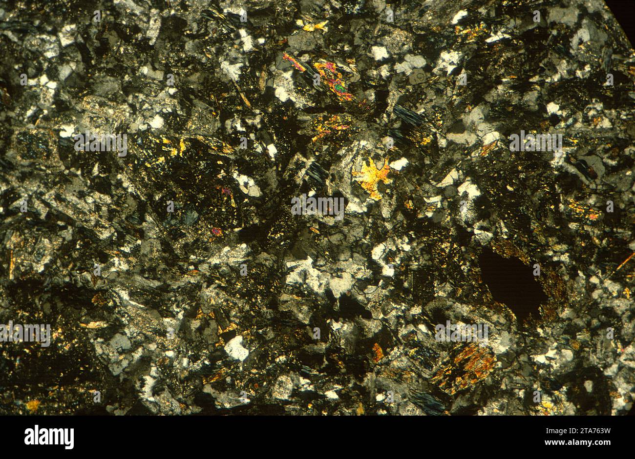 Diabase, dolerite, microgabbro or ofite is a subvolcanic rock equivalent to gabbro (intrusive) and basalt (extrusive). Phomicrograph, thin section, po Stock Photo