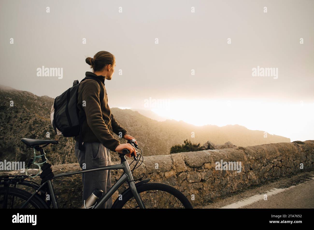 Side view of young man looking at mountains while standing with bicycle on road Stock Photo