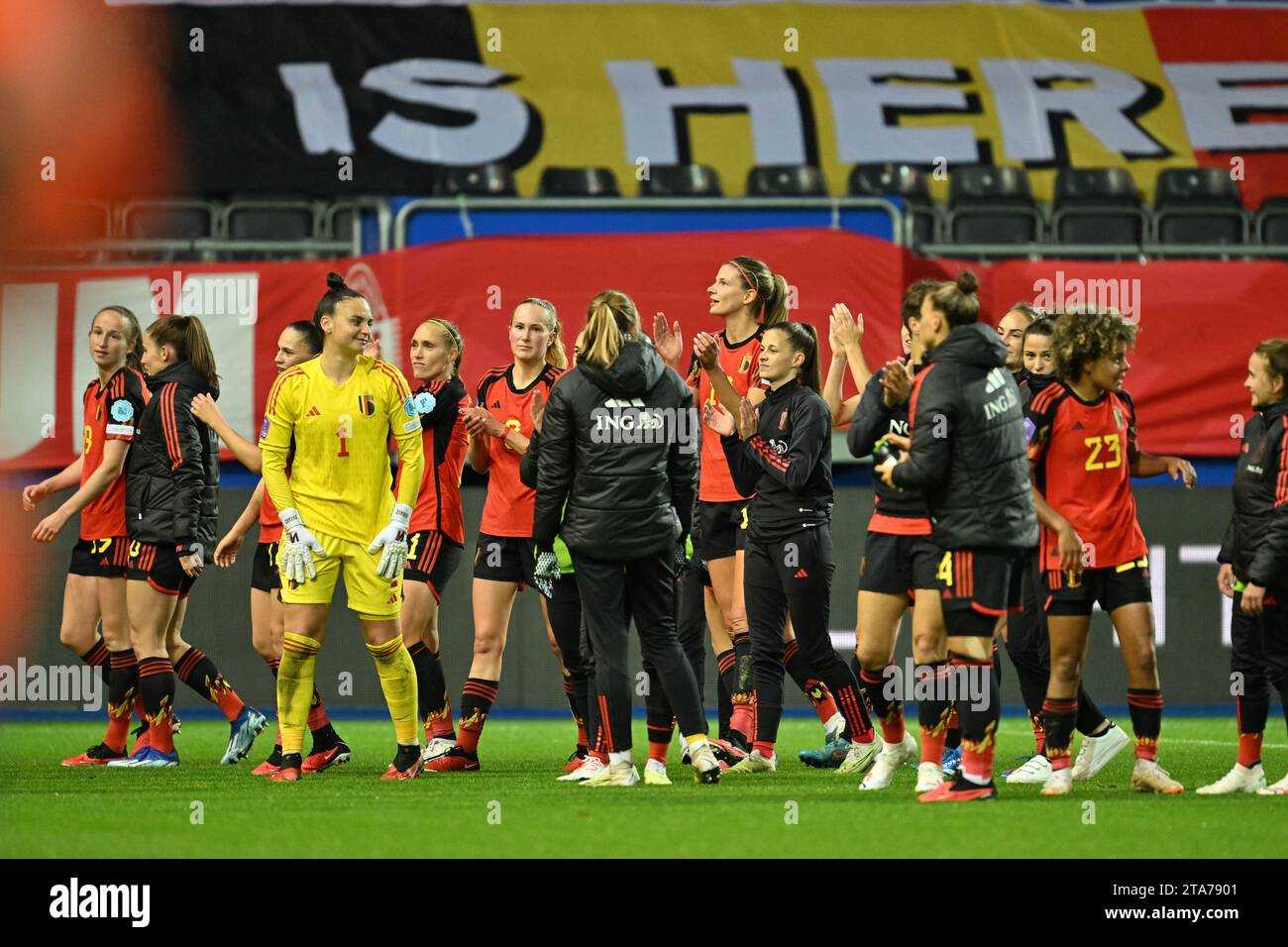 players of Belgium celebrate after winning a football match between the national women team of Belgium, called the Red Flames and England , called the Lionesses on matchday 4 in the 2023-24 UEFA Women's Nations League competition in group A1 , on Tuesday 31 October 2023 in Leuven, Belgium. Photo Stijn Audooren | Sportpix Stock Photo