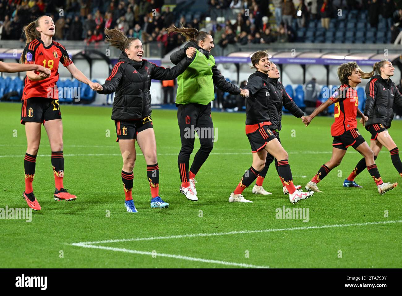players of Belgium celebrate after winning a football match between the national women team of Belgium, called the Red Flames and England , called the Lionesses on matchday 4 in the 2023-24 UEFA Women's Nations League competition in group A1 , on Tuesday 31 October 2023 in Leuven, Belgium. Photo Stijn Audooren | Sportpix Stock Photo