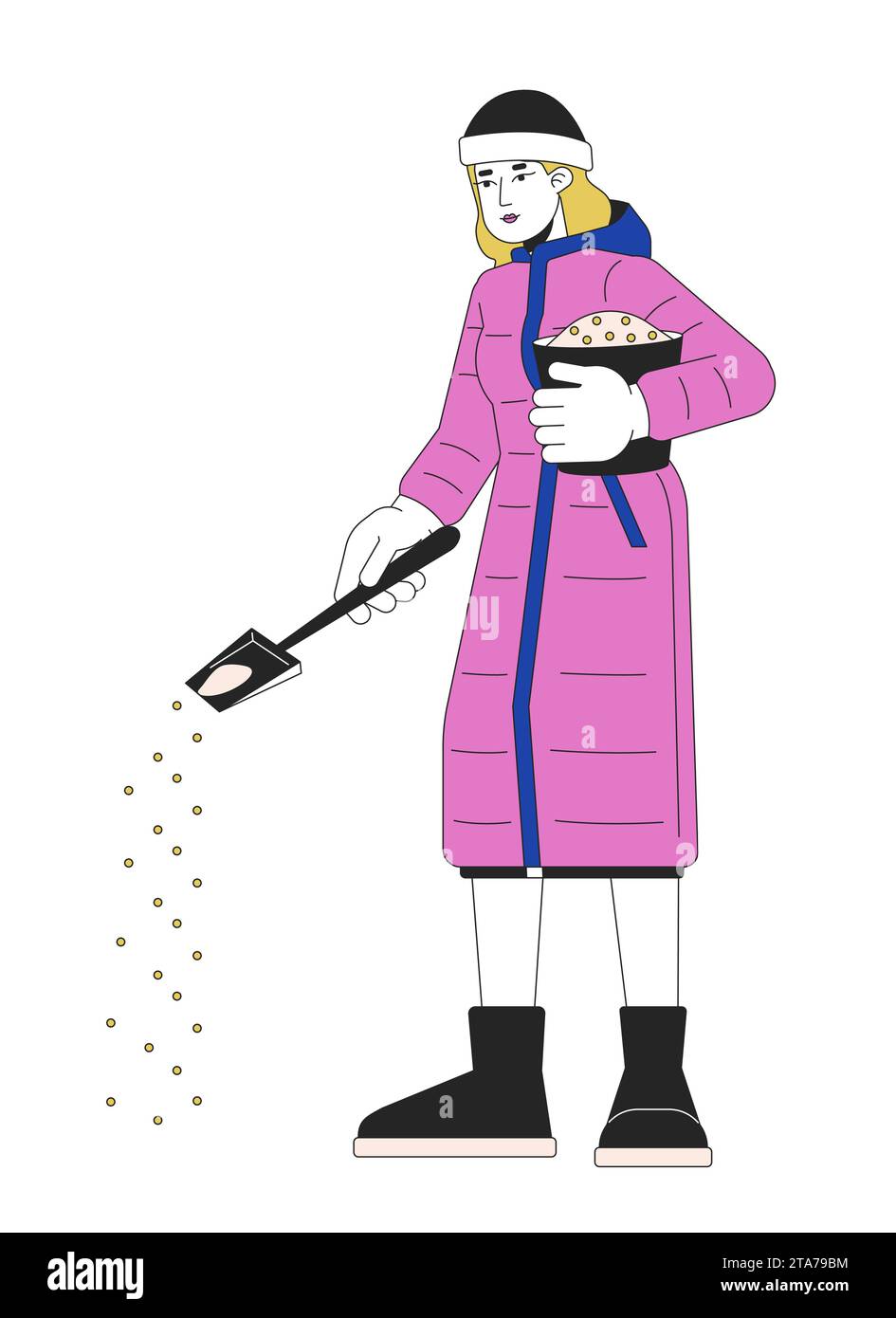 Warm clothes woman treating ice on sidewalk 2D linear cartoon character Stock Vector