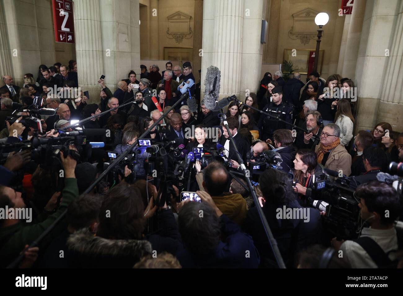 French Justice Minister's lawyers Jacqueline Laffont and Remi Lorrain address the press after the court's verdict at Paris' courthouse for the last day of the Minister's trial over alleged conflicts of interest and abuse of office, in Paris, on November 29, 2023. A French court on November 29, 2023, acquitted France's justice minister in a conflict of interest trial that has been an embarrassment for French President's government. Eric Dupond-Moretti, a pugnacious former star defence lawyer, had in 2021 been charged with misusing his position to settle scores with opponents from his legal care Stock Photo
