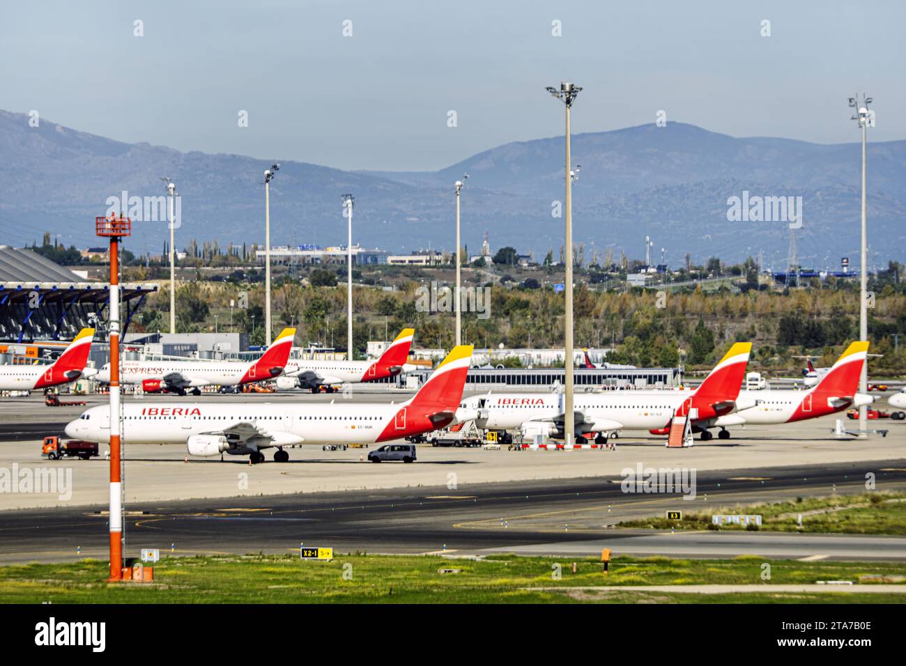 Planes on the runway of Madrid Barajas airport Stock Photo