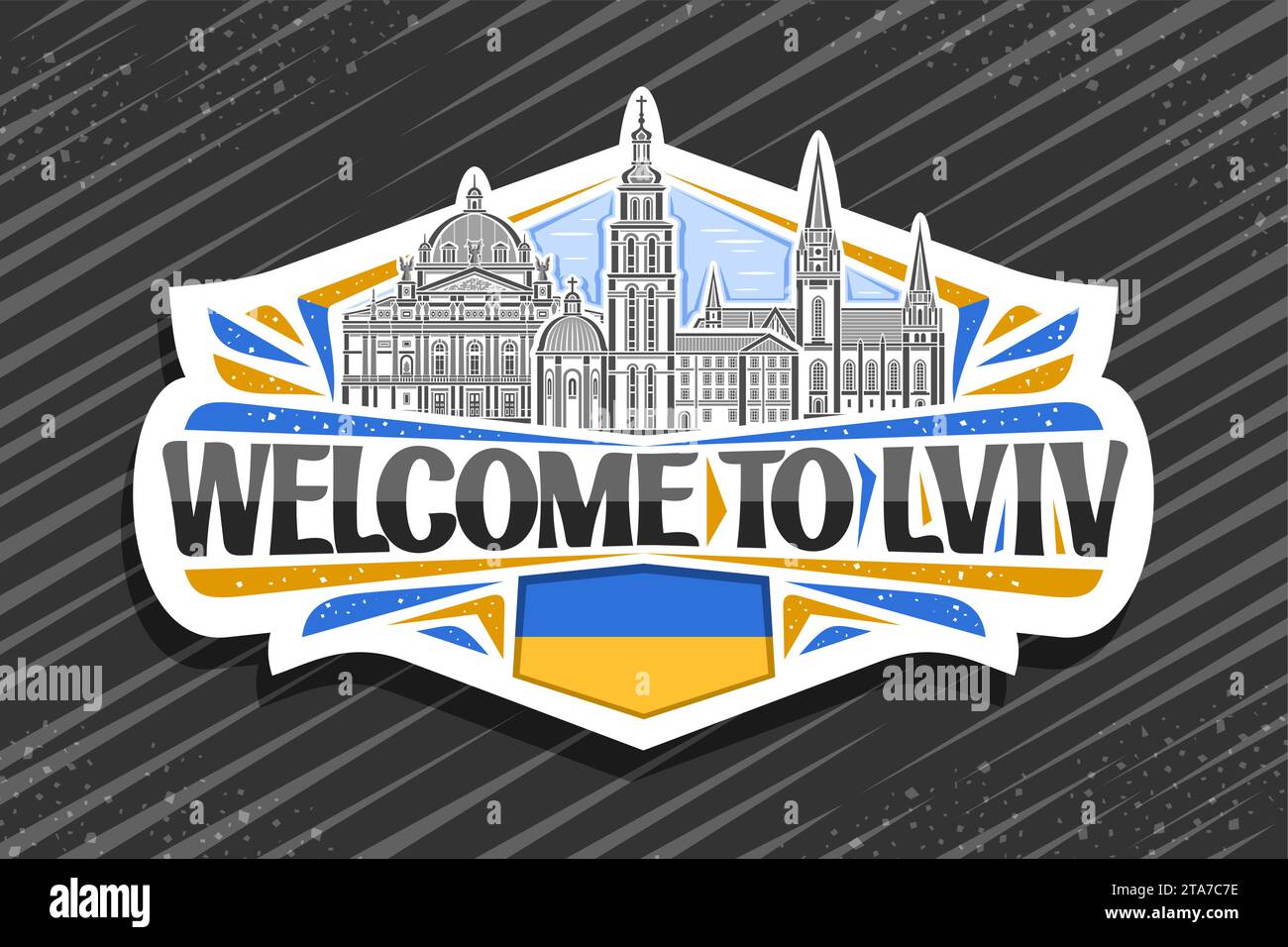 Vector logo for Lviv, white decorative badge with line illustration of famous european lviv city scape on day sky background, art design patriotic ref Stock Vector