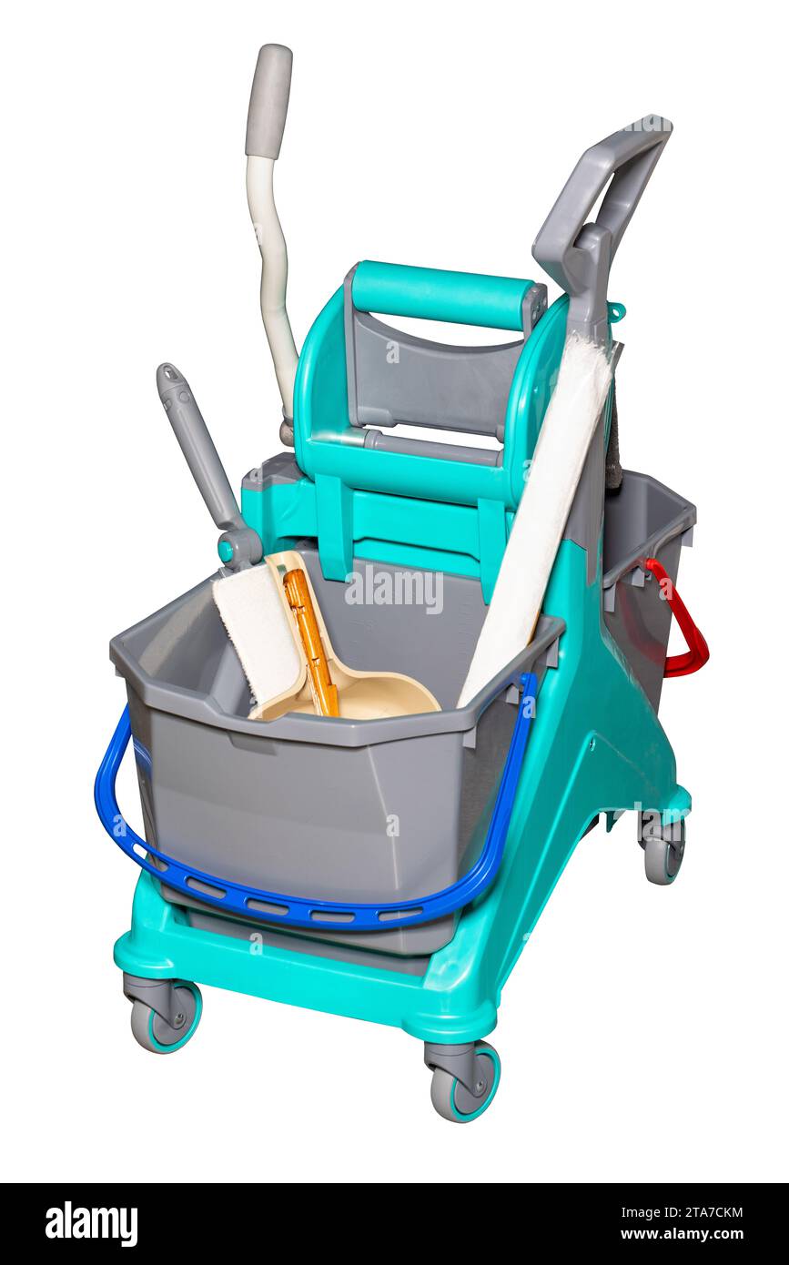 A turquoise cleaning trolley for cleaning tools and a removable gray mop bucket with a wringer mechanism. Isolated on a white background. Stock Photo