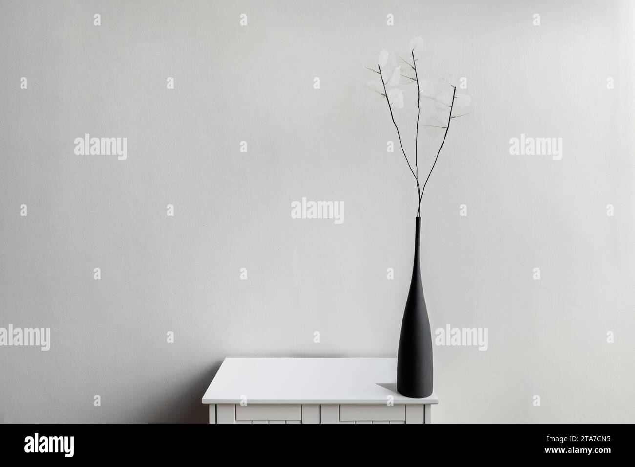 A black porcelain vase on a small white wooden cabinet Stock Photo