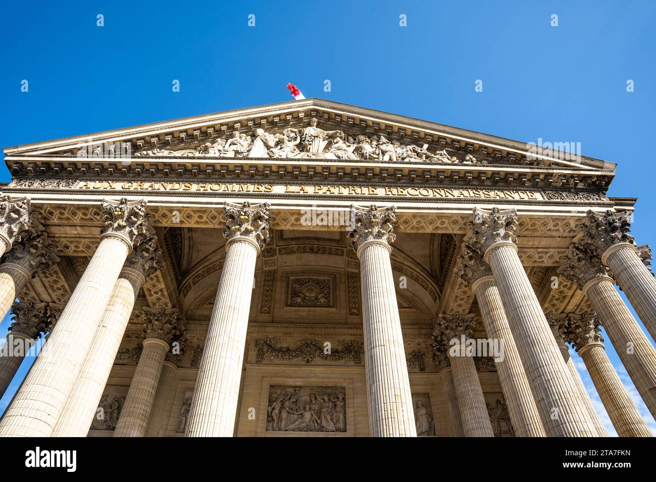 The façade of the Pantheon, where many French notable people are buried, with crowd of tourists, Paris city centre, France Stock Photo