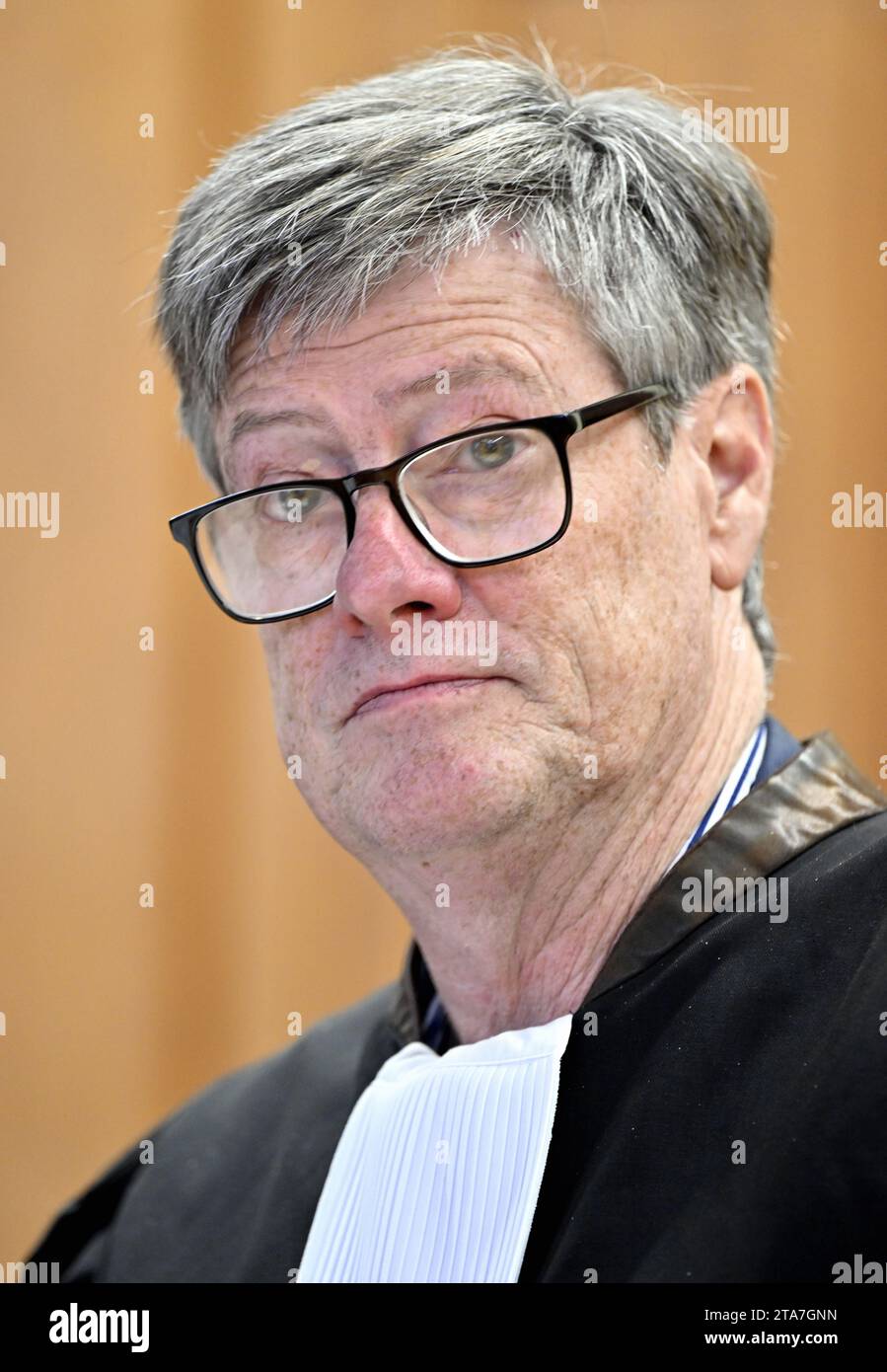 Leuven, Belgium. 29th Nov, 2023. Lawyer Michael Verhaegen pictured during the jury constitution session at the assizes trial of five former Guatemalan government members for the murders of three Belgian missionaries in the 1980s at the Assizes Court of Leuven, Wednesday 29 November 2023. The five accused, once government and army leaders in Guatemala, are on trial for the murder of three Belgian missionaries in Guatemala, and the kidnapping and torture of a fourth. BELGA PHOTO ERIC LALMAND Credit: Belga News Agency/Alamy Live News Stock Photo