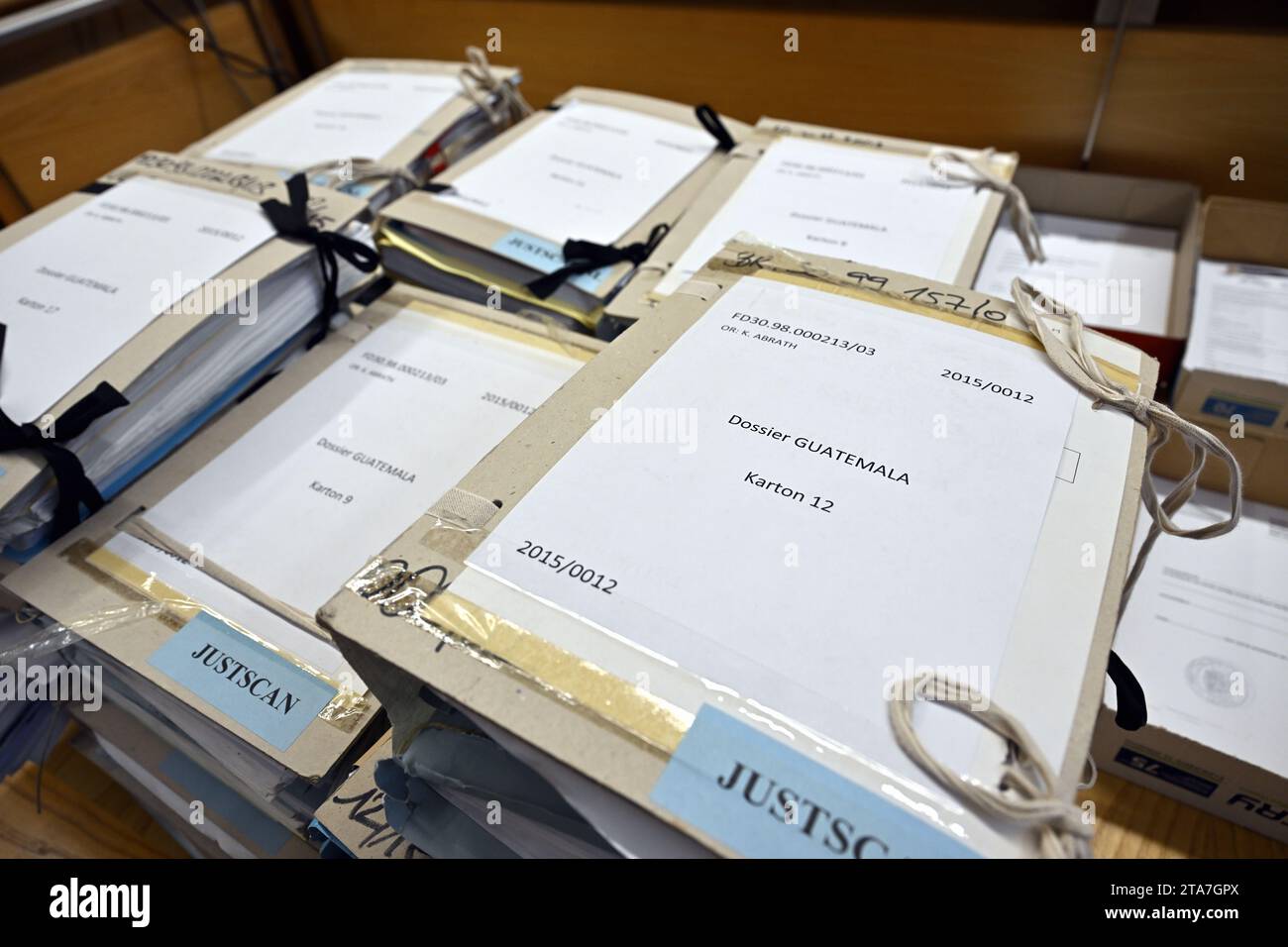 Leuven, Belgium. 29th Nov, 2023. Pieces of evidence pictured during the jury constitution session at the assizes trial of five former Guatemalan government members for the murders of three Belgian missionaries in the 1980s at the Assizes Court of Leuven, Wednesday 29 November 2023. The five accused, once government and army leaders in Guatemala, are on trial for the murder of three Belgian missionaries in Guatemala, and the kidnapping and torture of a fourth. BELGA PHOTO ERIC LALMAND Credit: Belga News Agency/Alamy Live News Stock Photo