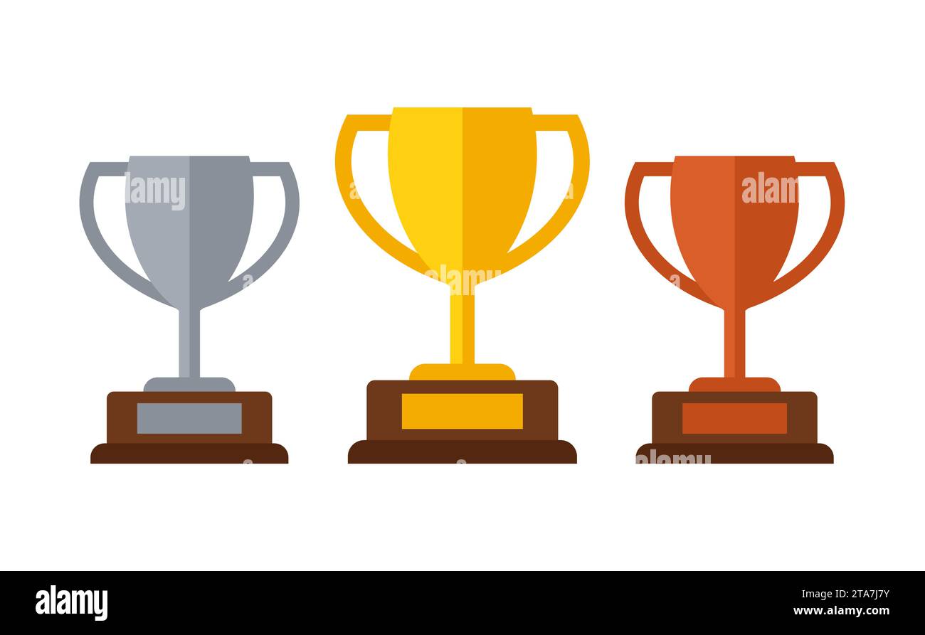 Gold, silver and bronze trophy winners cup set isolated on white