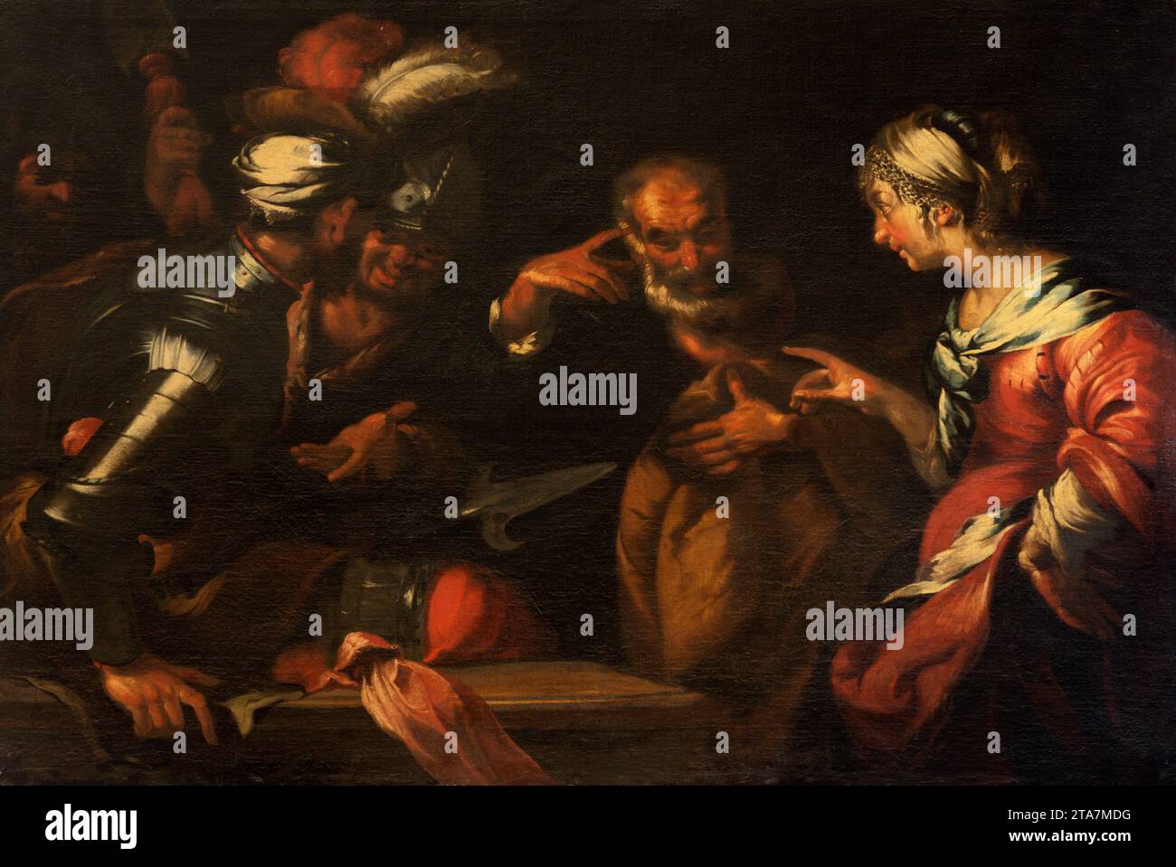 GENOVA, ITALY - MARCH 6, 2023: The painting of  Peter Disowns Jesus in the church Basilica della Santissima Annunziata del Vastato by unknown artist. Stock Photo