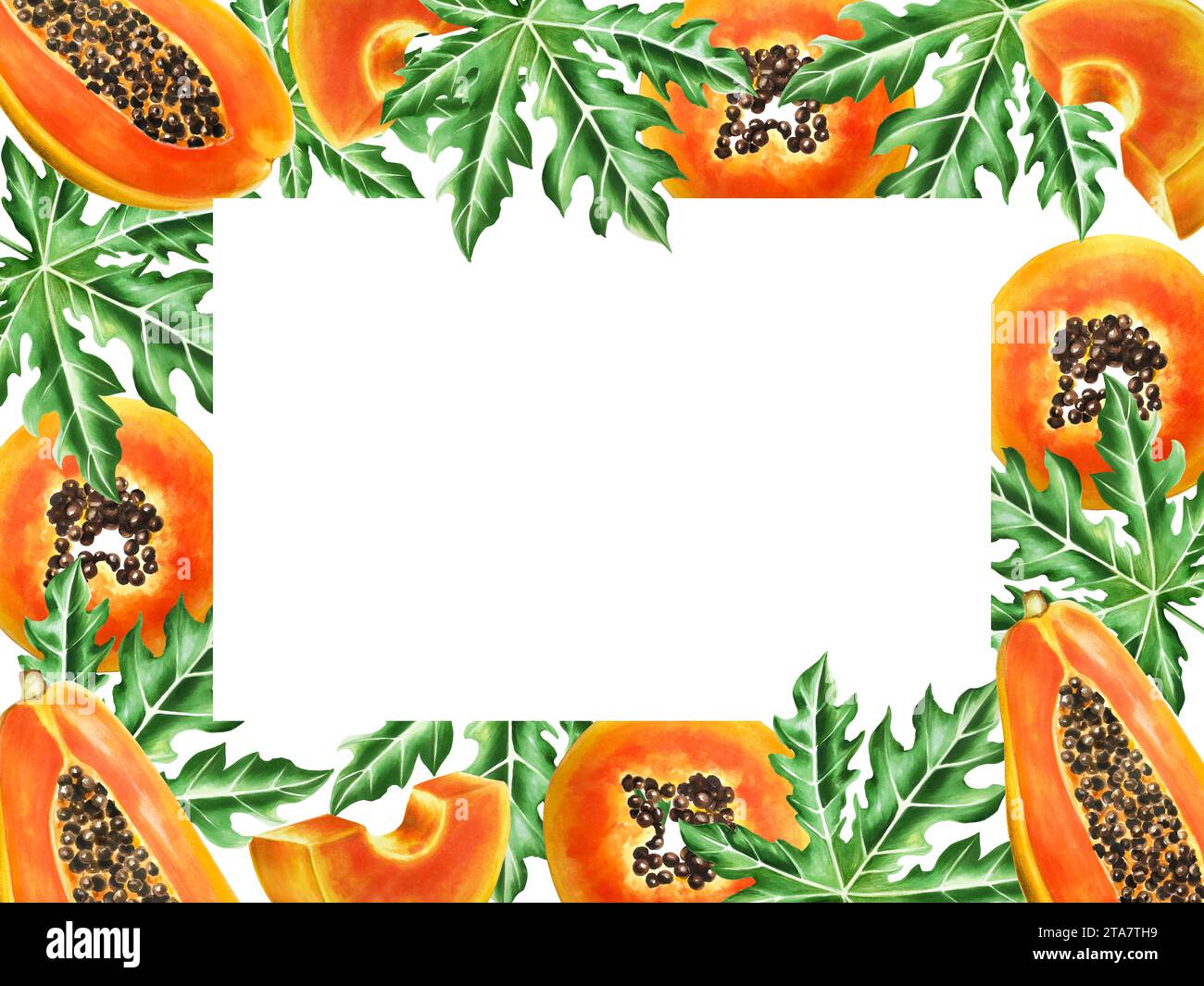 Marker frame and templates with sweet ripe slice of papaya with grains
