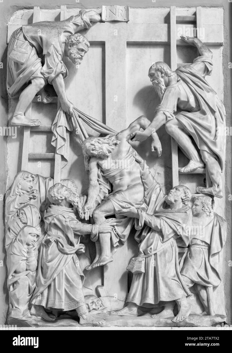 NAPLES, ITALY - APRIL 21, 2023: The relief of Deposition in the church Basilica della Santissima Annunziata Maggiore by unknown artist. Stock Photo