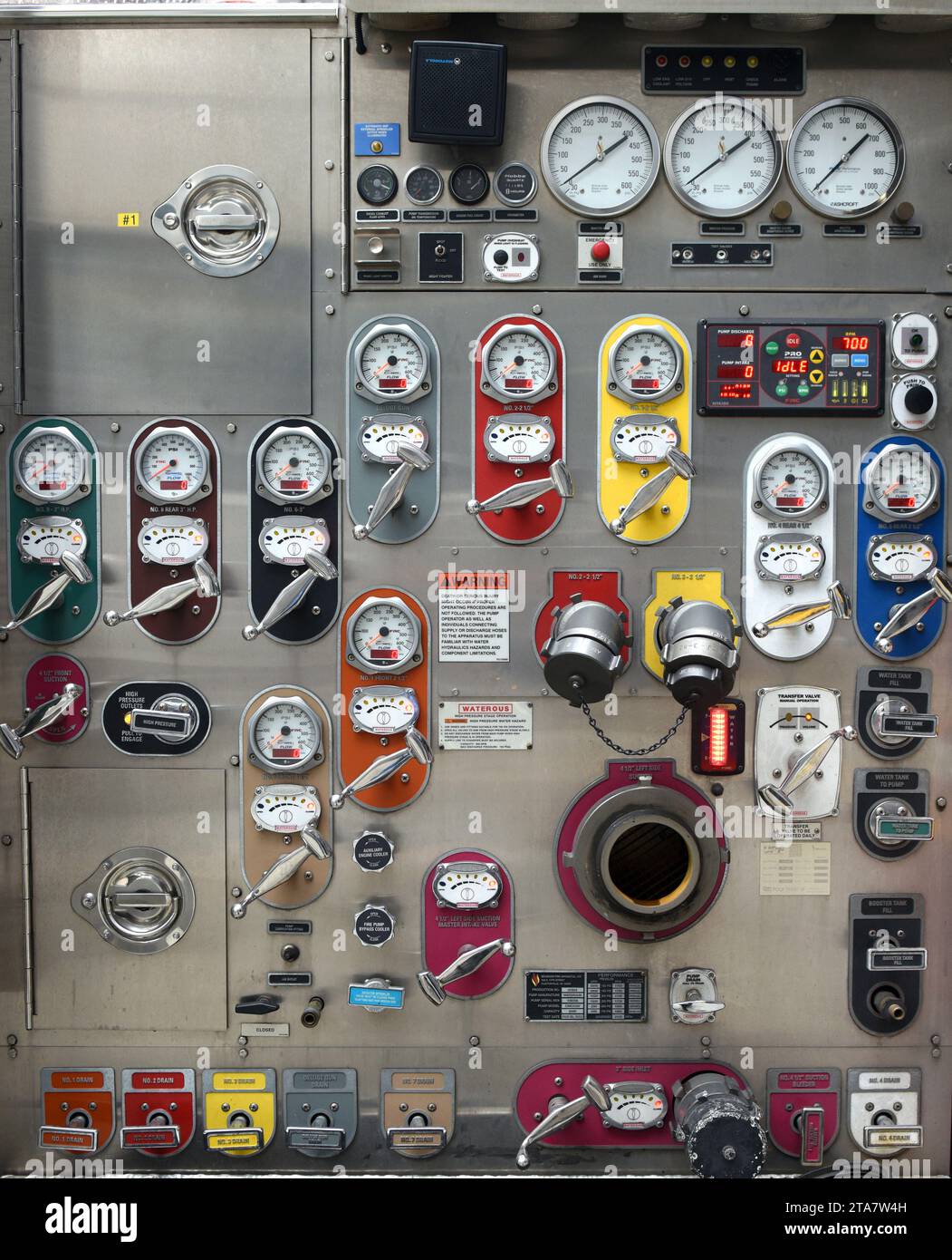 New York, USA June 10, 2018 Fire control panel of pumps and water