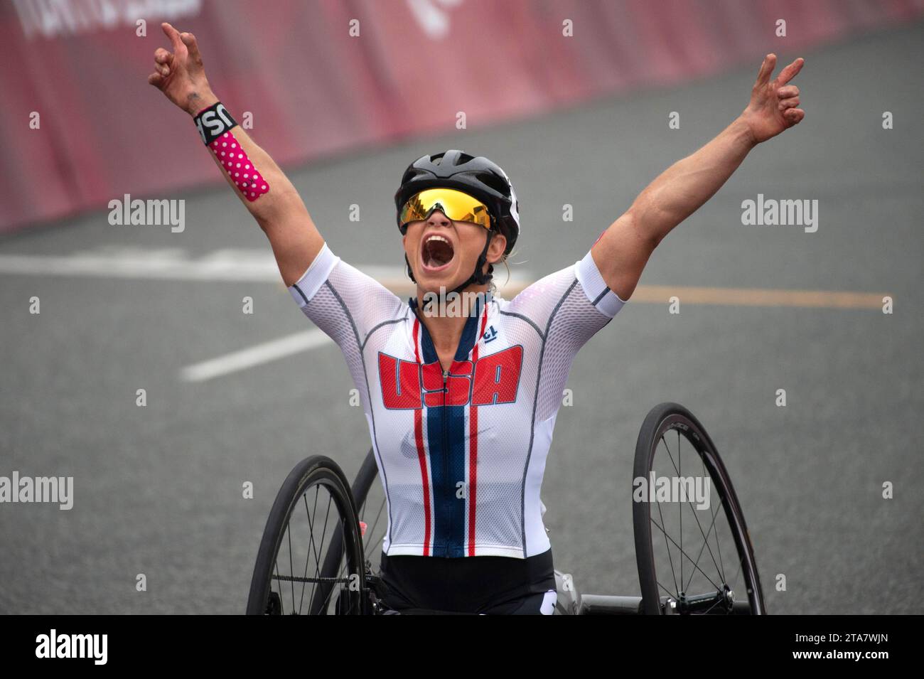 Paralympics Racing Paracyclist Oksana Masters of the USA celebrates as she wins the women ...