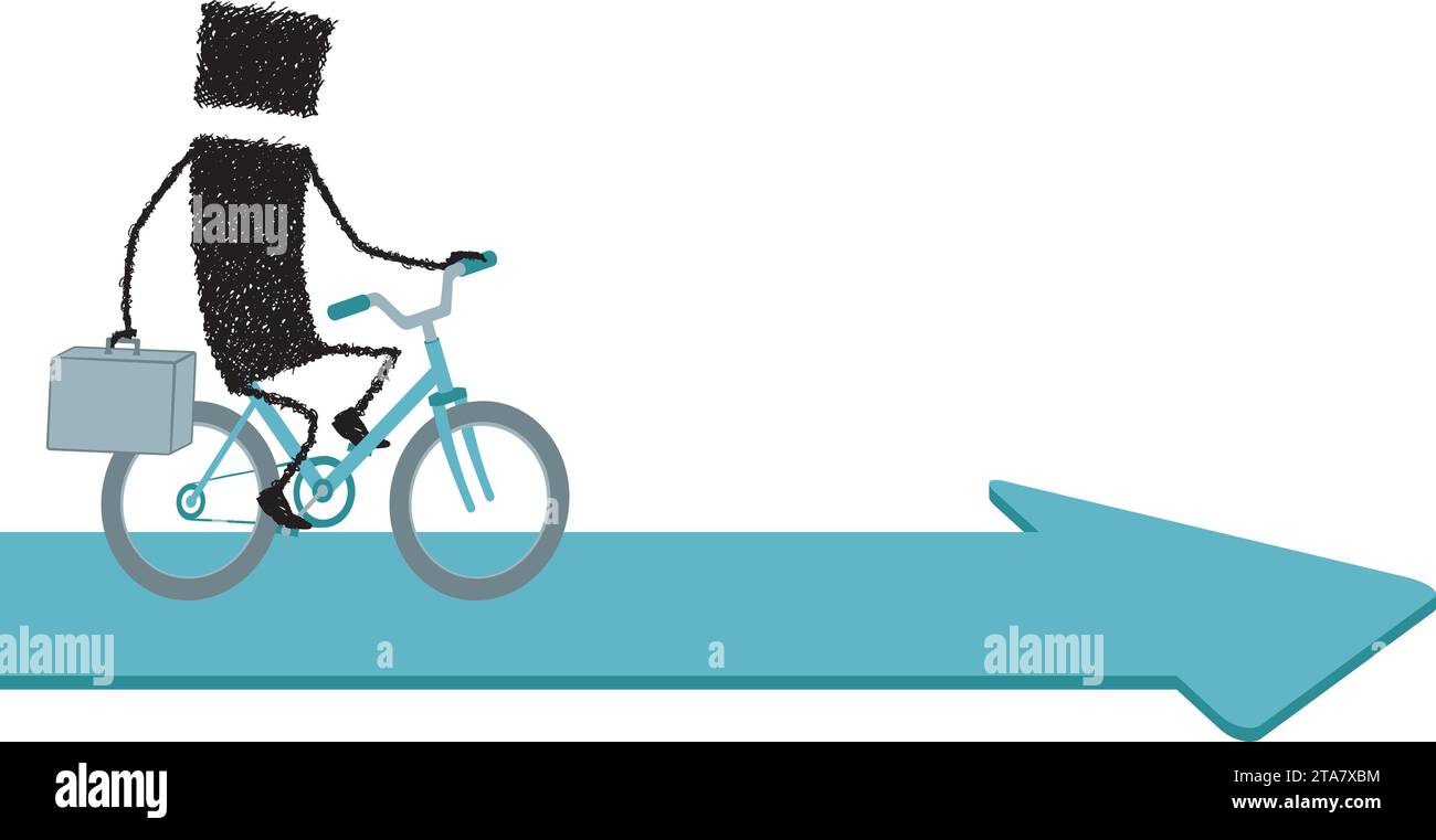 A stick figure bicycling moves over an arrow pointing forward. Stock Vector