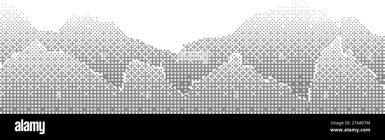 Halftone gray mountain landscape with two rows of mountain range drawn with a dotted gradient. Widescreen background Stock Vector