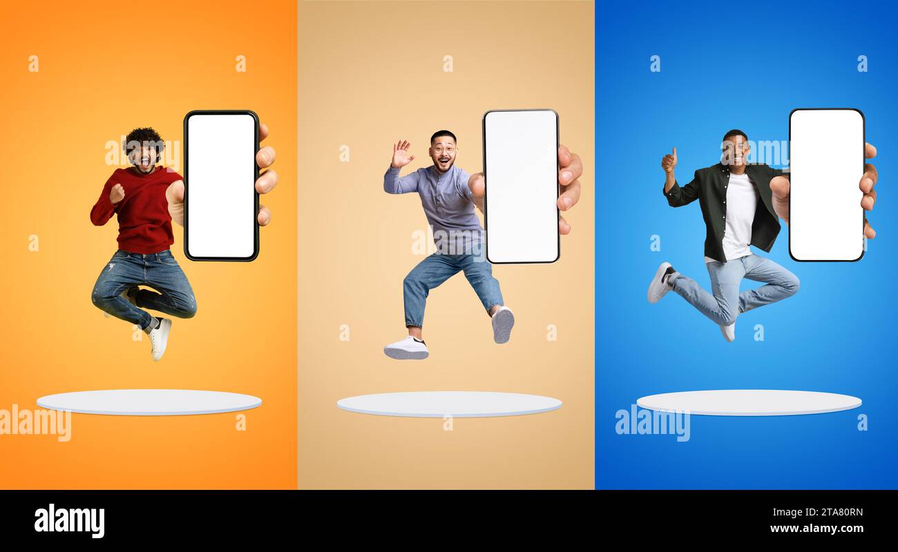 Glad excited millennial diverse men show phone with empty screen, jump ...