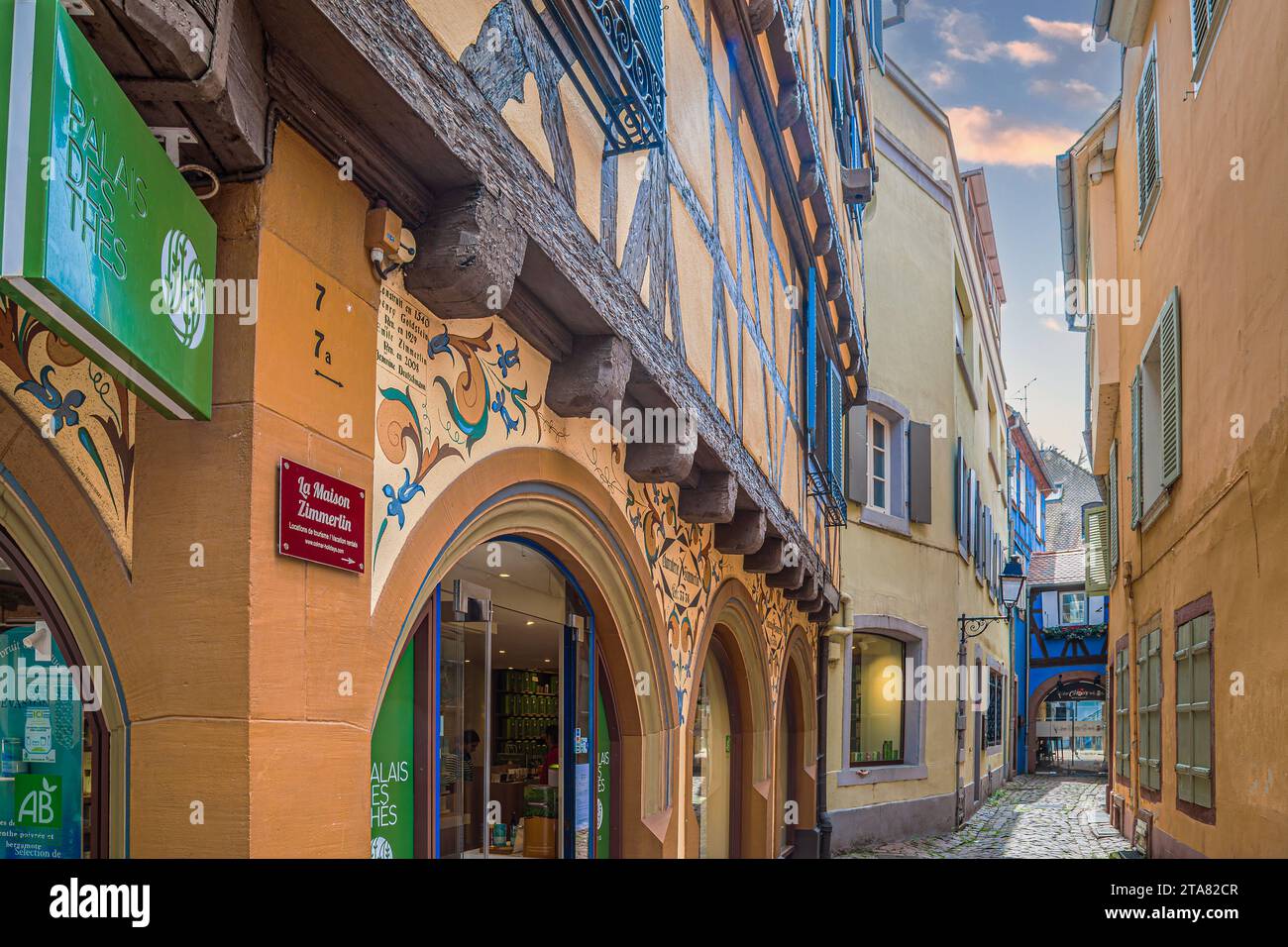 Colmar, France-Rue des Serruriers, one streets with traditional medieval Alsatian buildings and tea houses. First mentioned by Charlemagne in 884. The Stock Photo