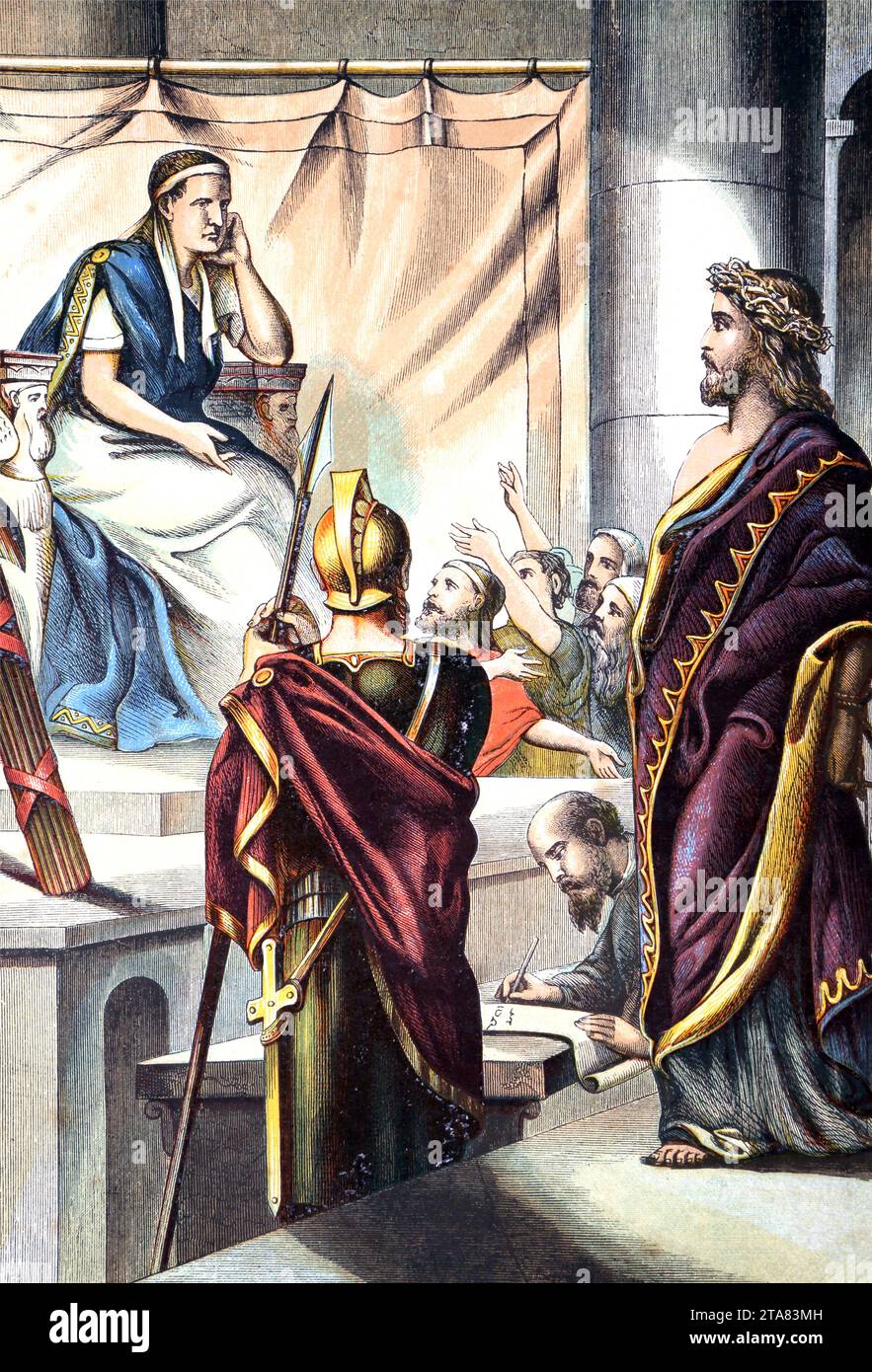 Illustration of Jesus Christ wearing the Crown of thorns with Pontius Pilate  (Pilate's Court) Gospel of John New Testament Stock Photo
