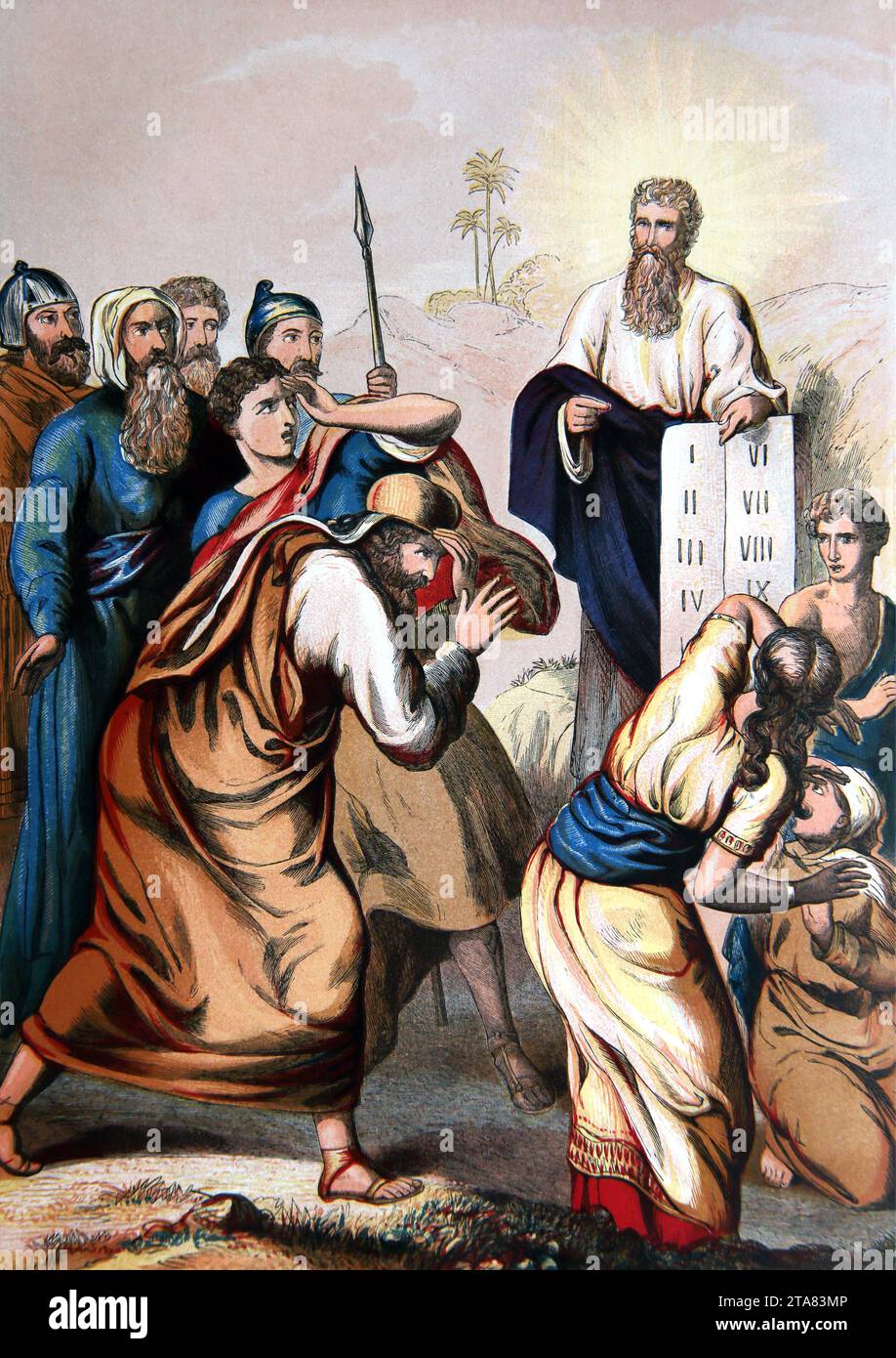 Illustration of Moses Presenting the Ten Commandments ( Exodus) Old Testament from the Altar of the Household Bible Stock Photo